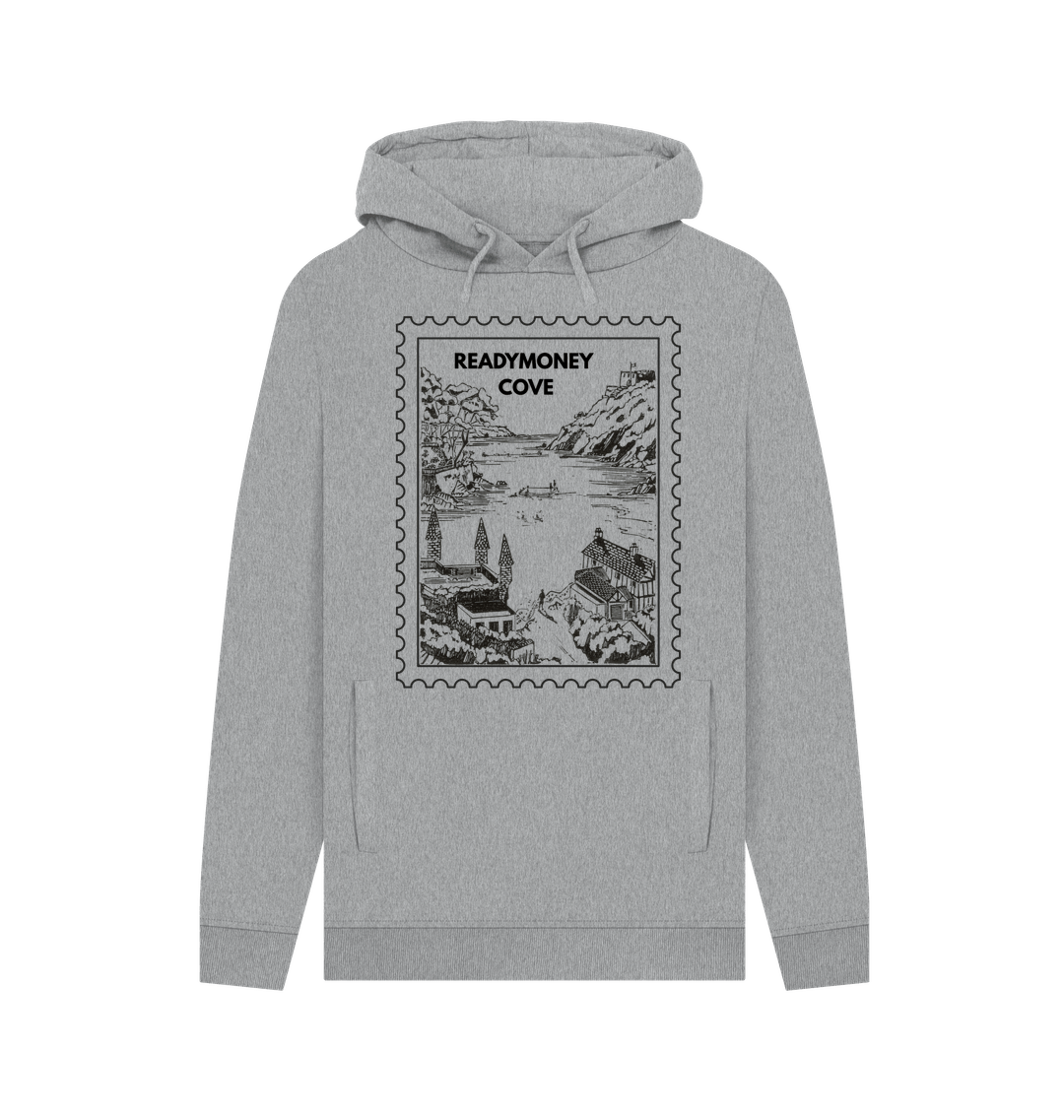 light heather hoodie – soft gray pullover with coastal stamp graphic, cozy travel-inspired sweatshirt for fall layering