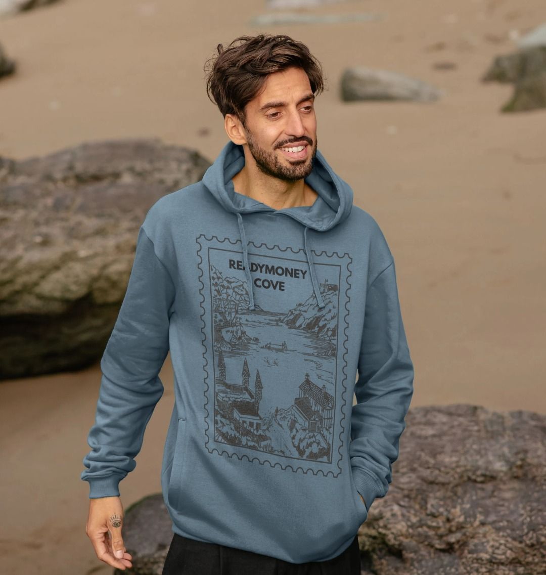 coastal stamp hoodie – stone blue pullover with scenic graphic, cozy travel-inspired streetwear for nature lovers