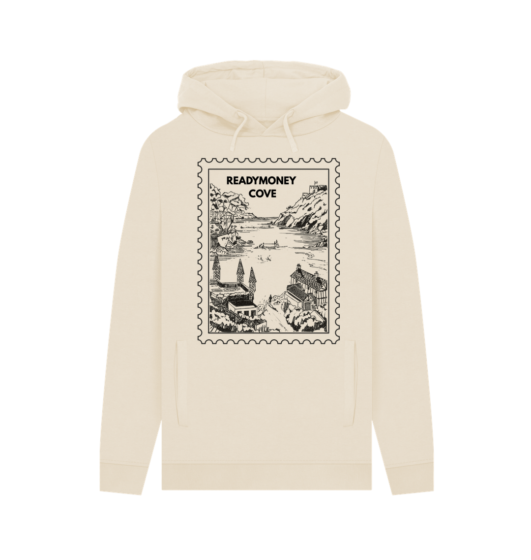 oat stamp hoodie – cream pullover with coastal village graphic, cozy travel-inspired sweatshirt for nature lovers