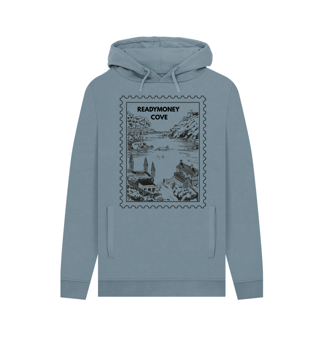 stone blue stamp hoodie – cozy pullover with coastal village graphic, travel-inspired sweatshirt for nature lovers