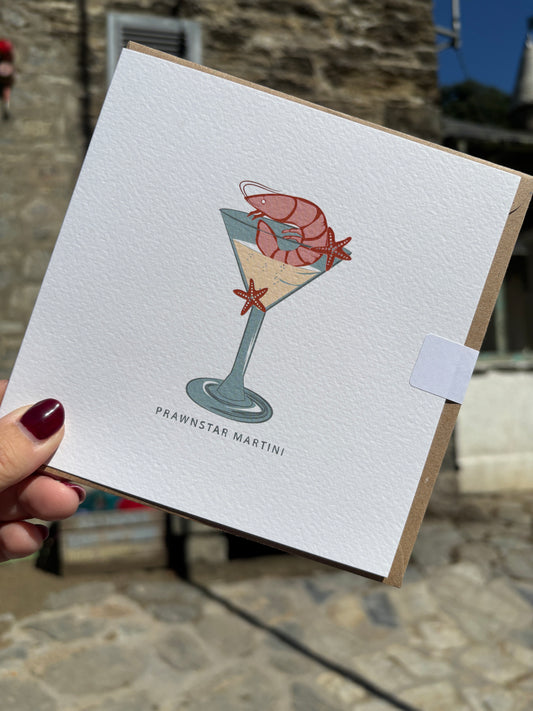 prawnstar Martini greeting card—playful prawn and starfish cocktail art on textured paper, perfect for coastal humor and gifting