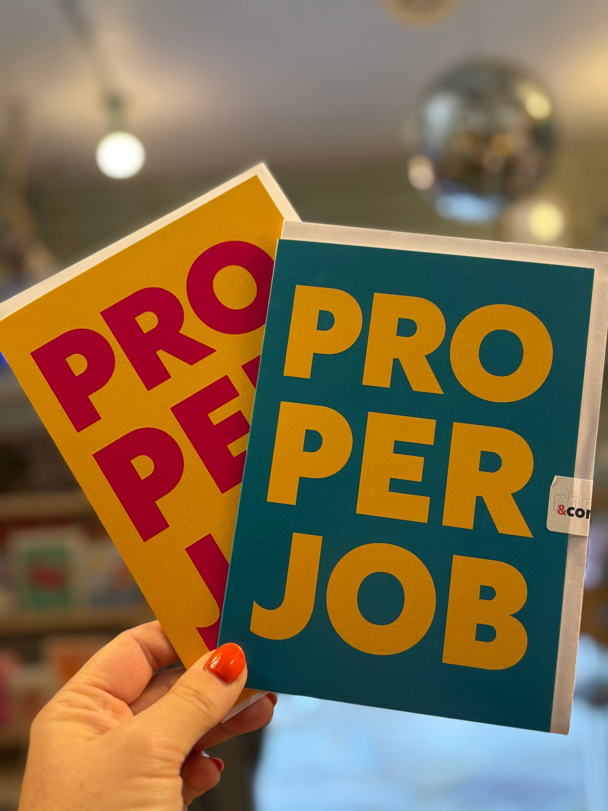 proper job Cornish phrase greeting cards, bold typography yellow and teal, congratulations well done stationery