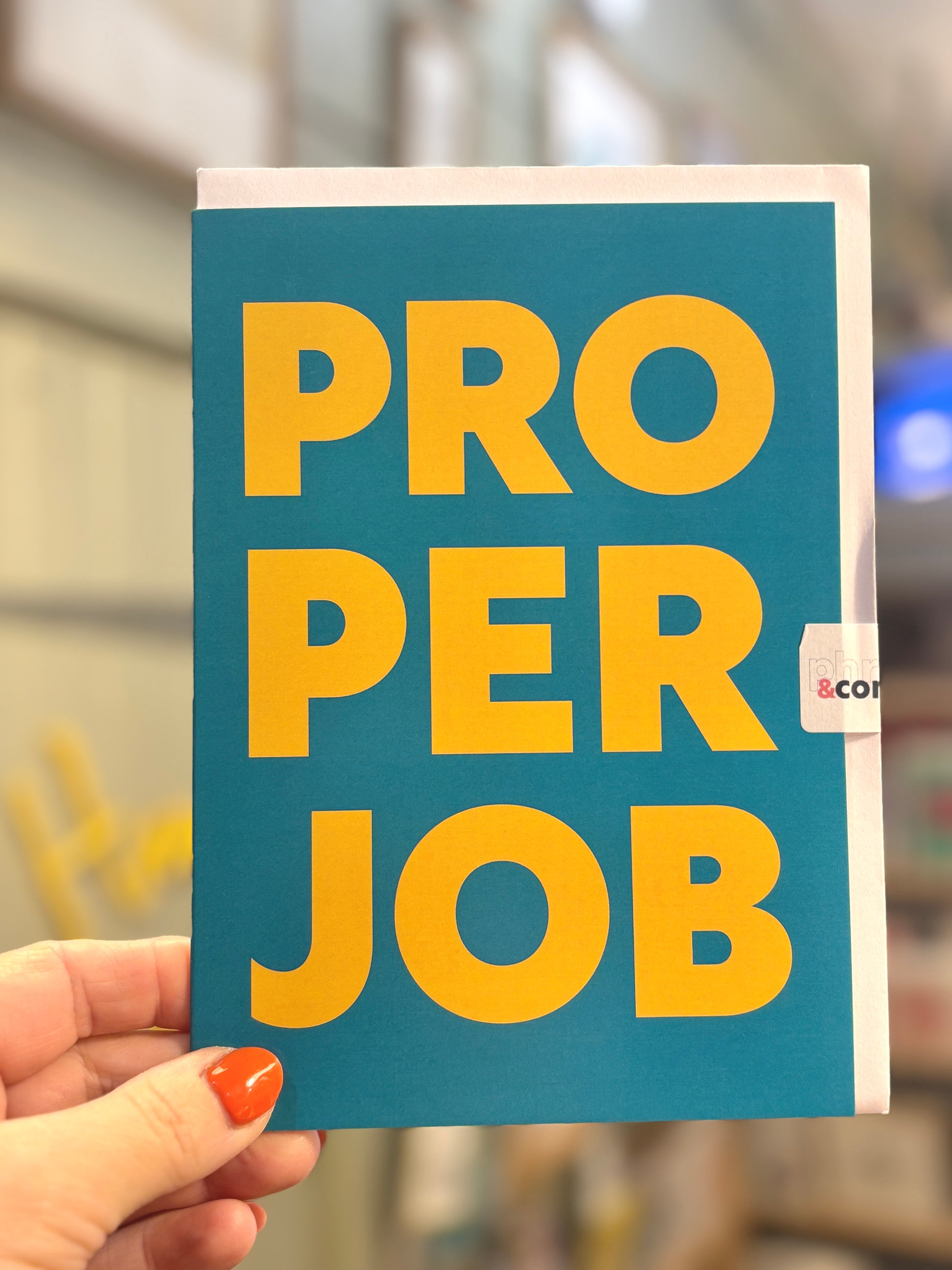 teal proper job card, Cornish slang well done greeting, bold yellow text, congratulations achievement stationery