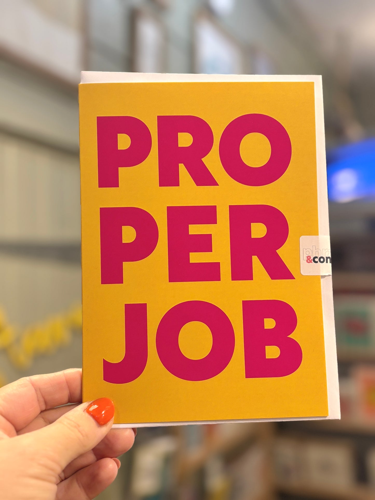 proper job yellow greeting card, Cornish phrase congratulations card, bold pink typography, well done achievement