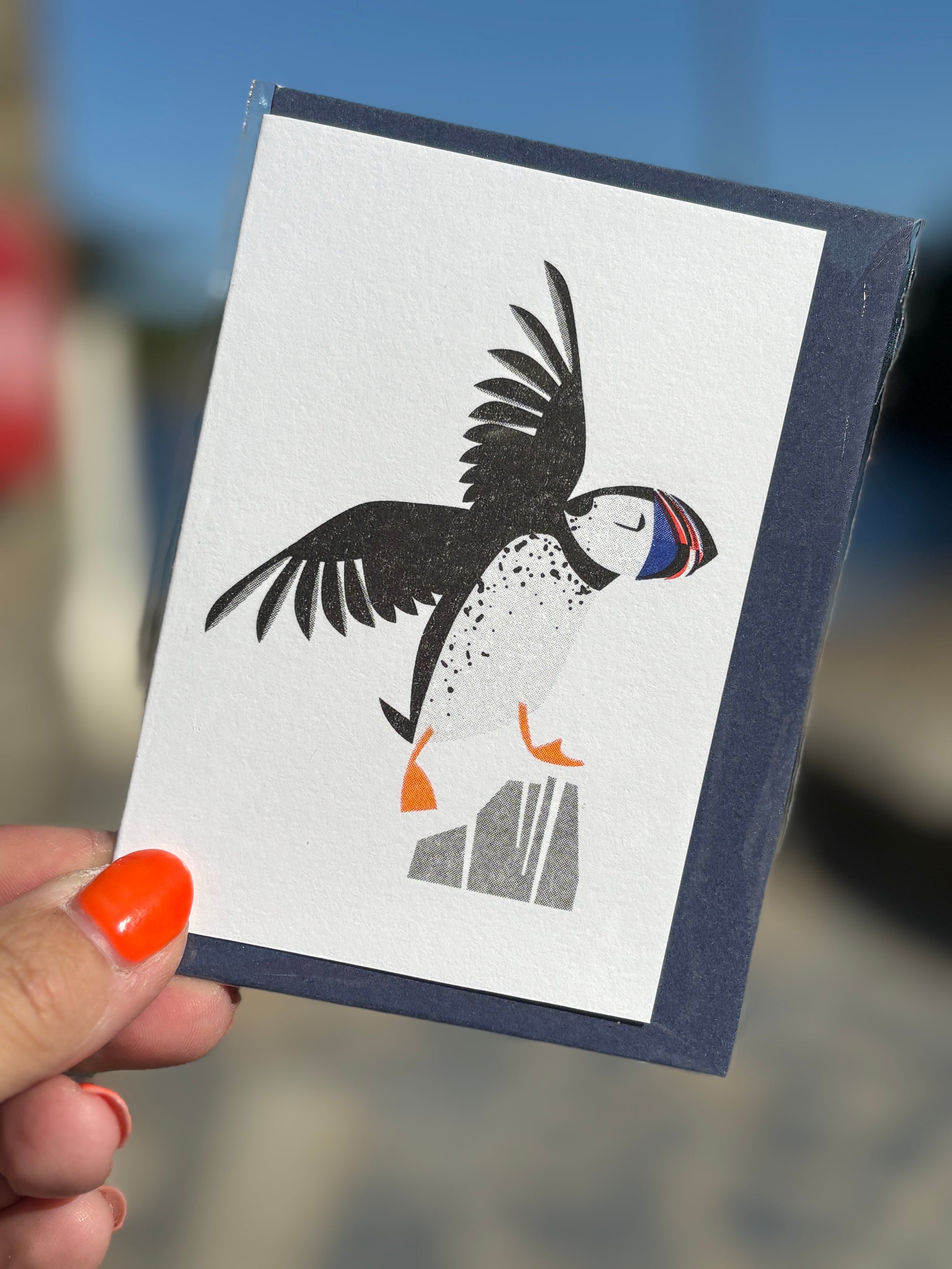 modern puffin greeting card, minimalist seabird illustration on rock, blank note card for coastal bird lovers and gifts