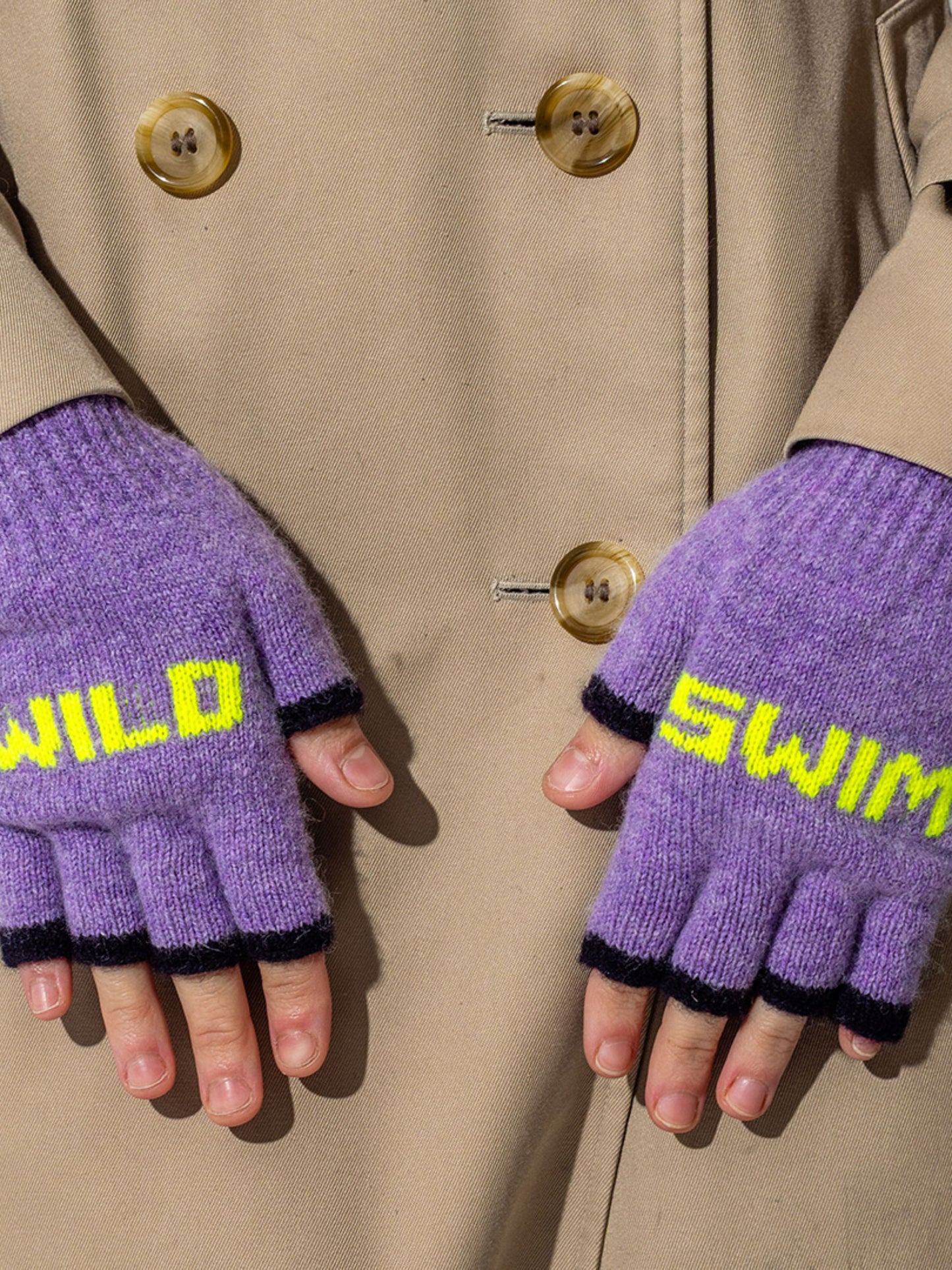Wild Swim Fingerless Gloves in Parma Violet & Neon Yellow