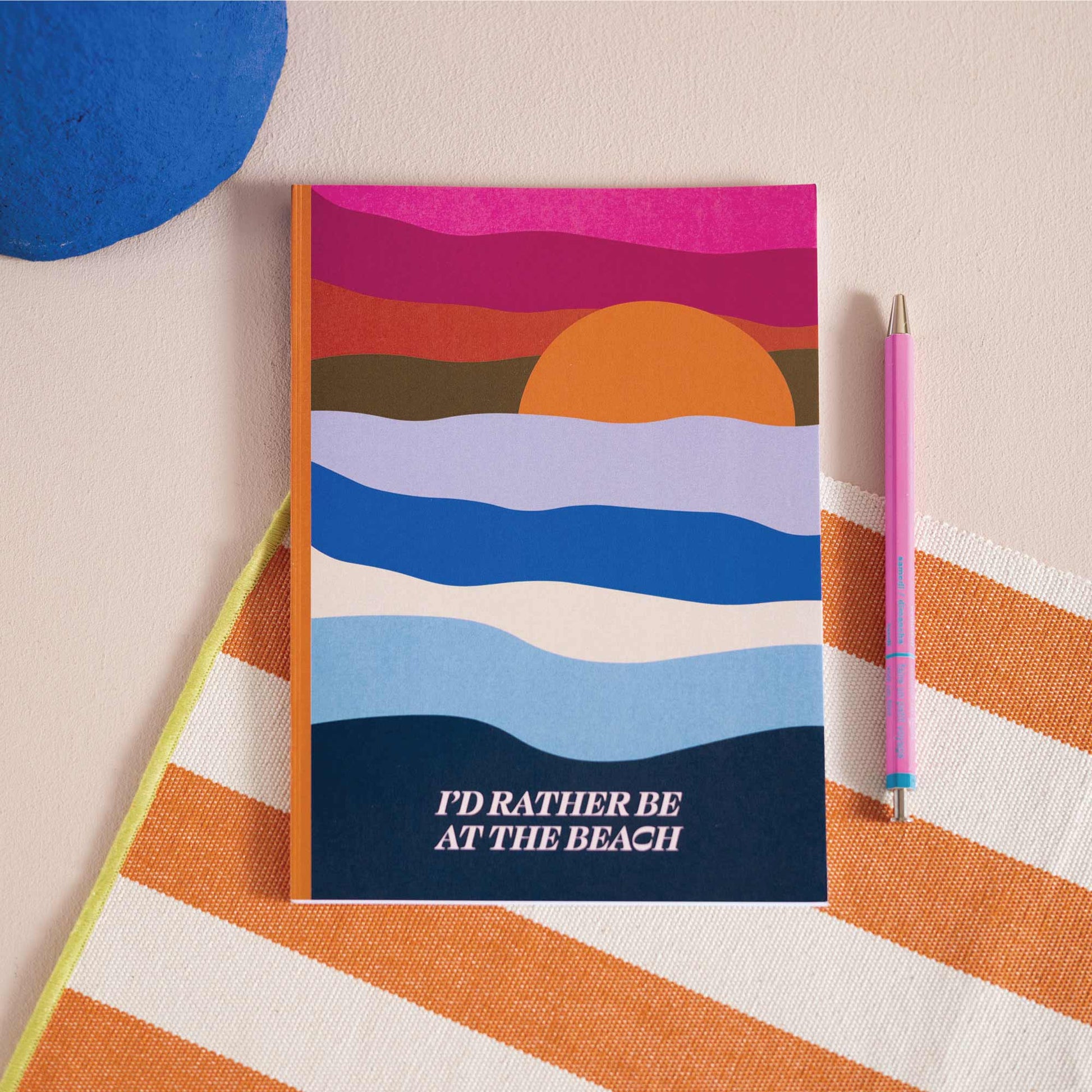 “I’d Rather Be at the Beach” notebook with sunset wave cover—stylish coastal journal for beach lovers, writers, and dreamers