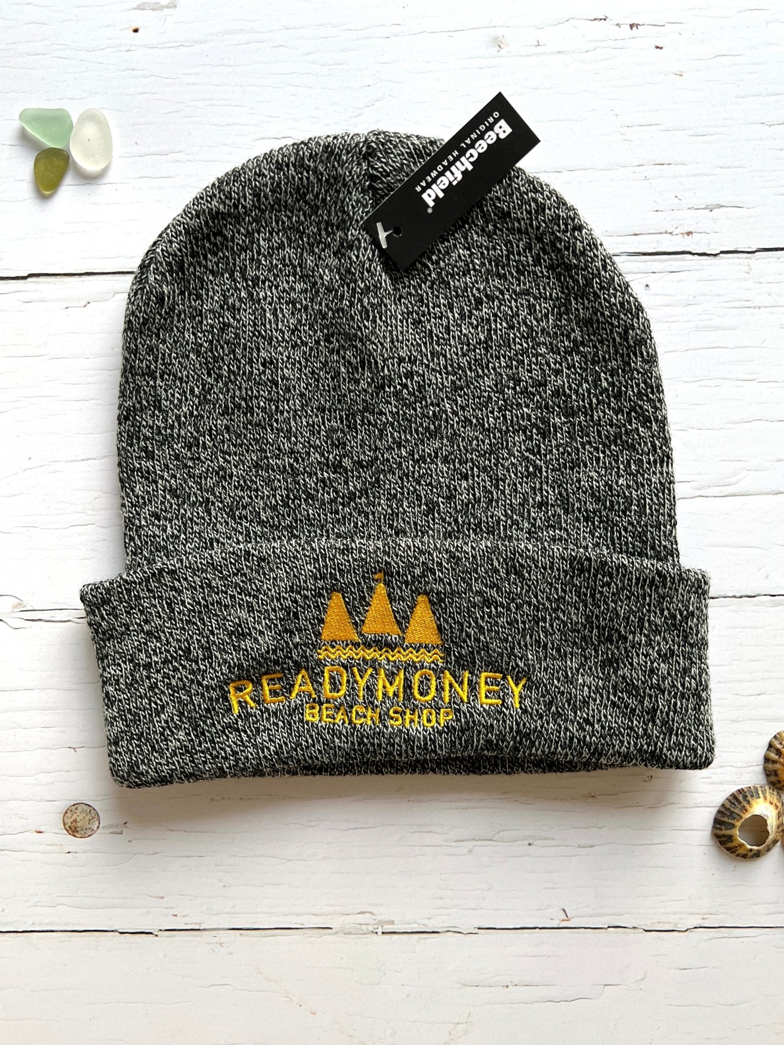 grey speckled knit beanie hat Readymoney Beach Shop embroidered logo winter accessory warm headwear coastal style unisex