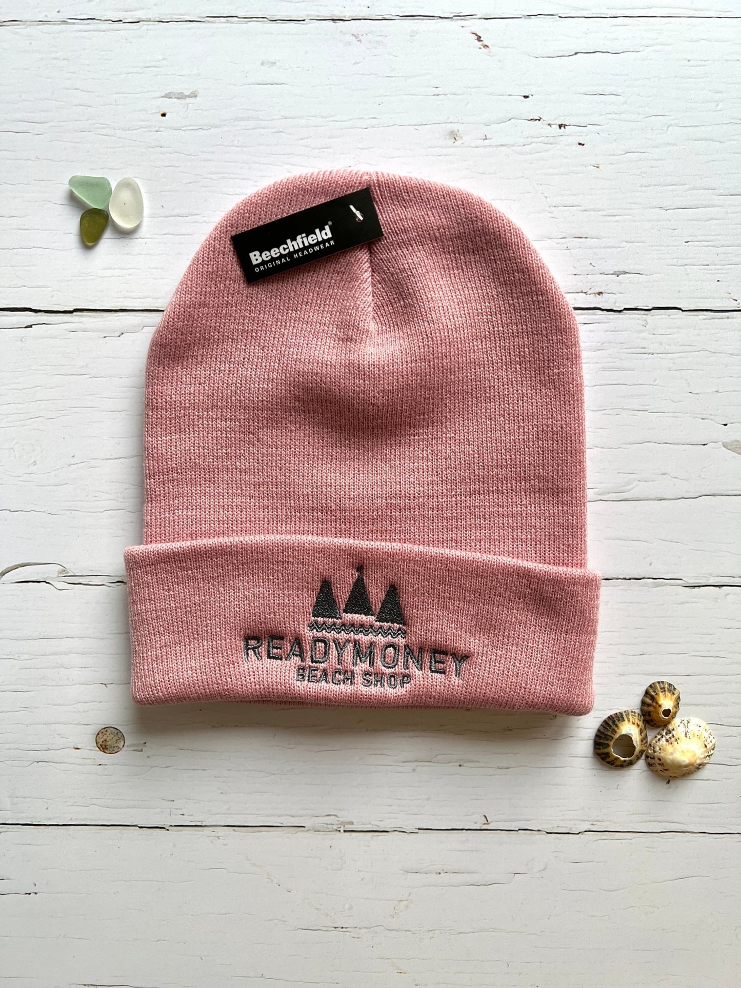 dusky pink knit beanie hat Readymoney Beach Shop embroidered logo Beechfield winter warm cap coastal style headwear gift