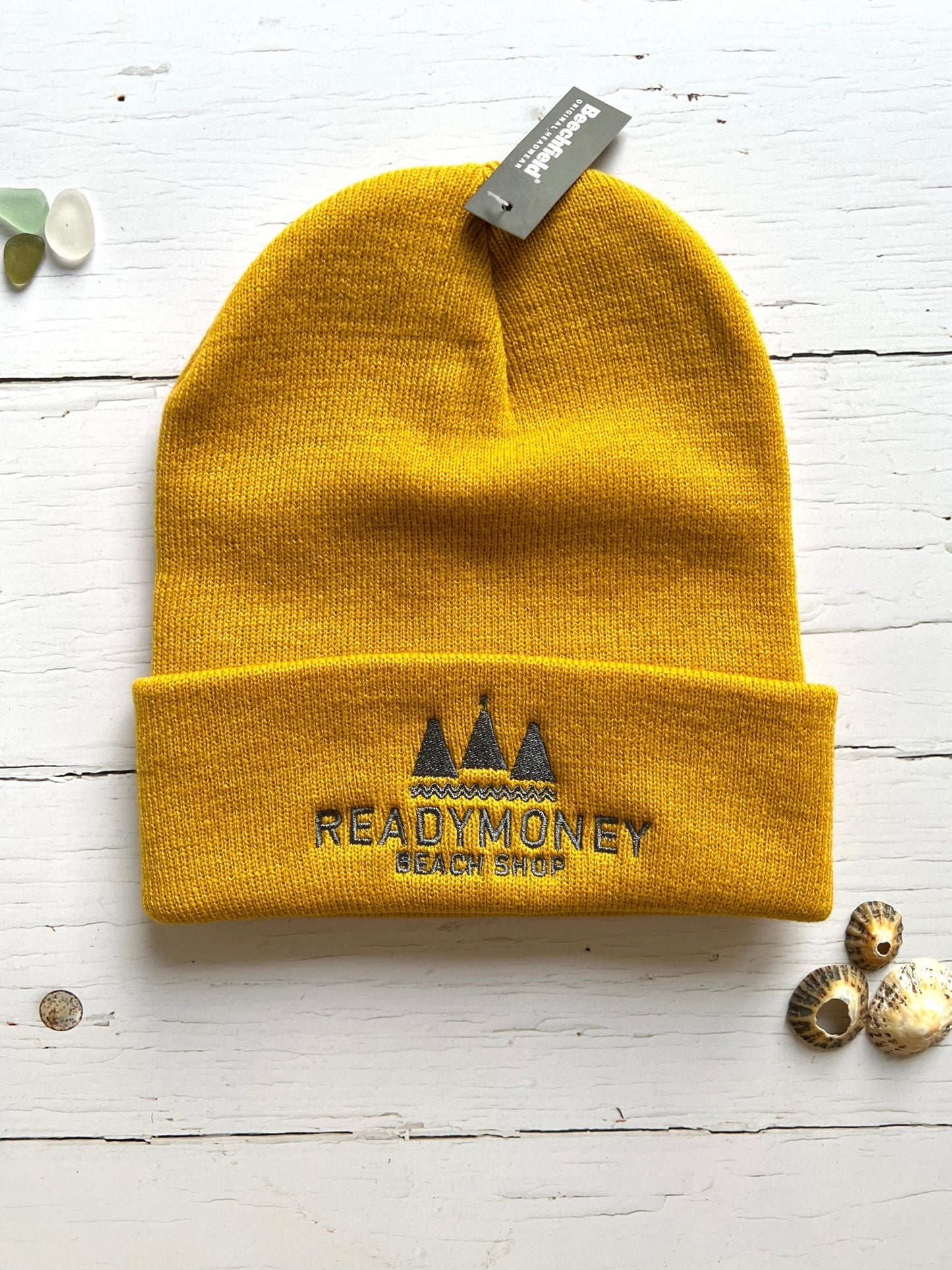 mustard yellow knit beanie hat Readymoney Beach Shop embroidered logo fold-up cuff winter warm headwear coastal fashion