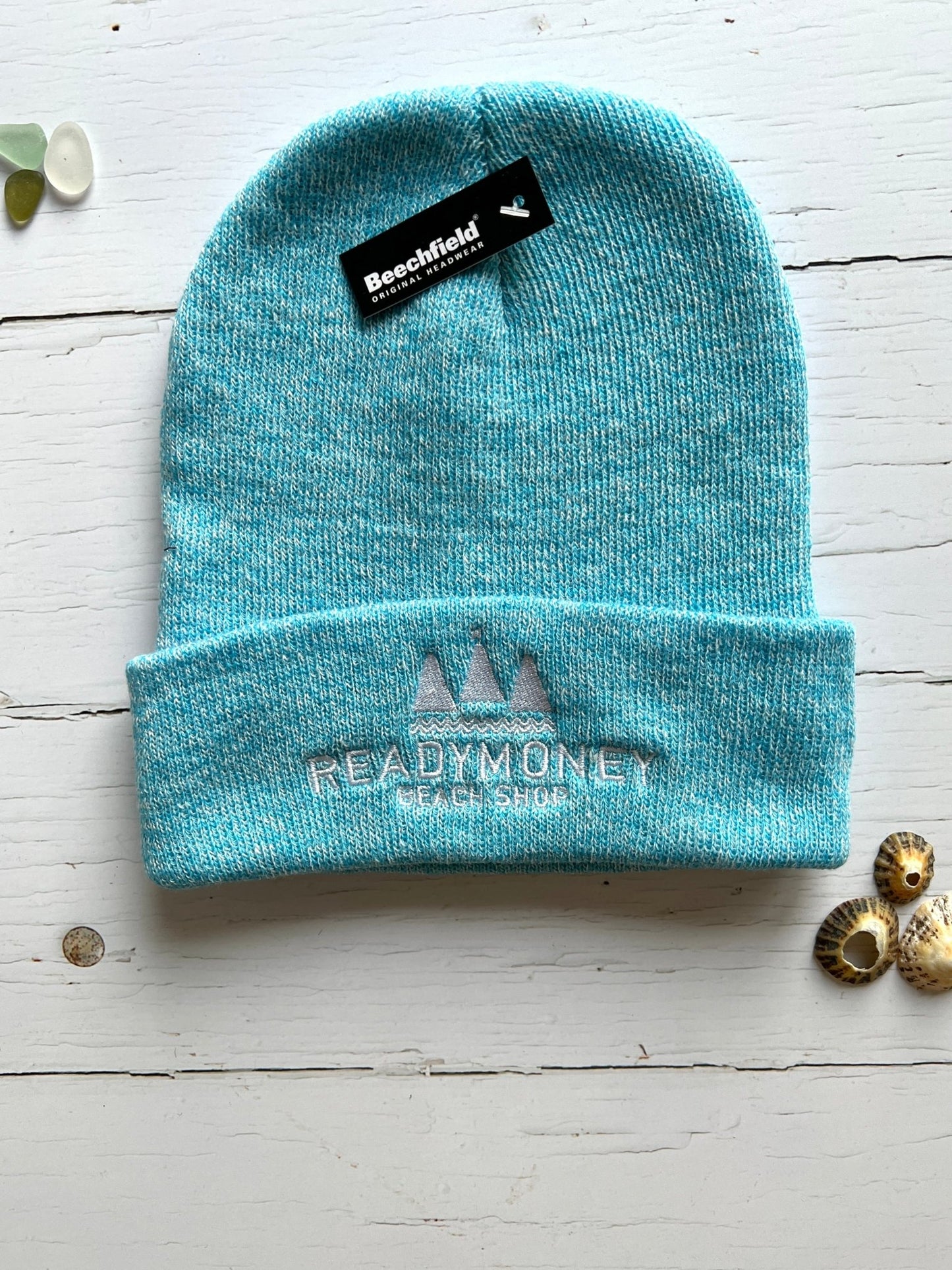Readymoney Beach Shop beanie hat surf blue knit winter headwear Beechfield embroidered logo coastal accessories turquoise