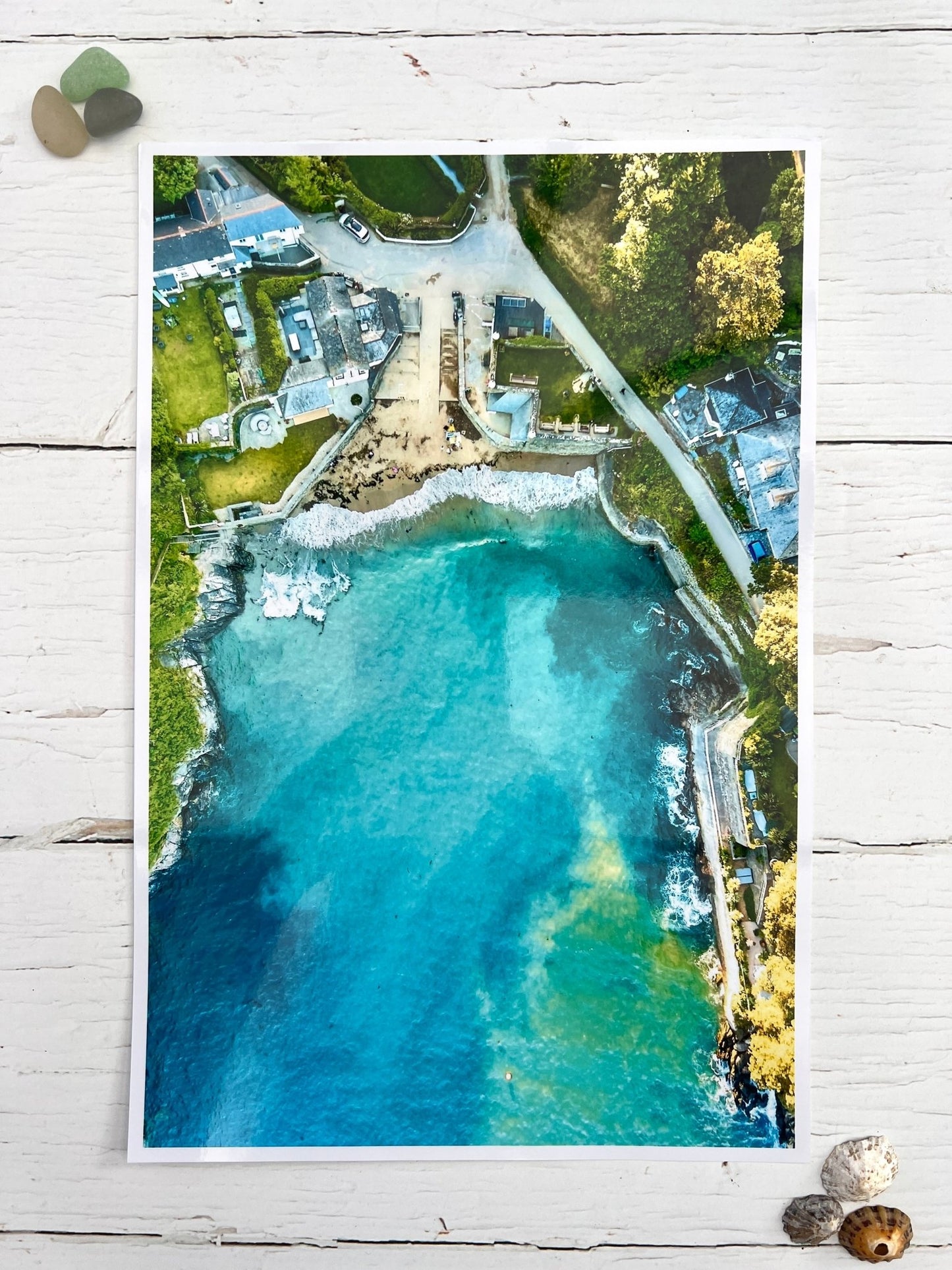Readymoney Cove aerial photo print—turquoise bay, beach, and coastal village, perfect for seaside wall art and decor