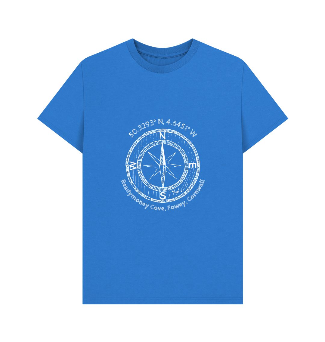 bright blue T-shirt with white compass graphic and 'Readymoney Cove, Fowey, Cornwall' coordinates nautical, travel, unisex tee
