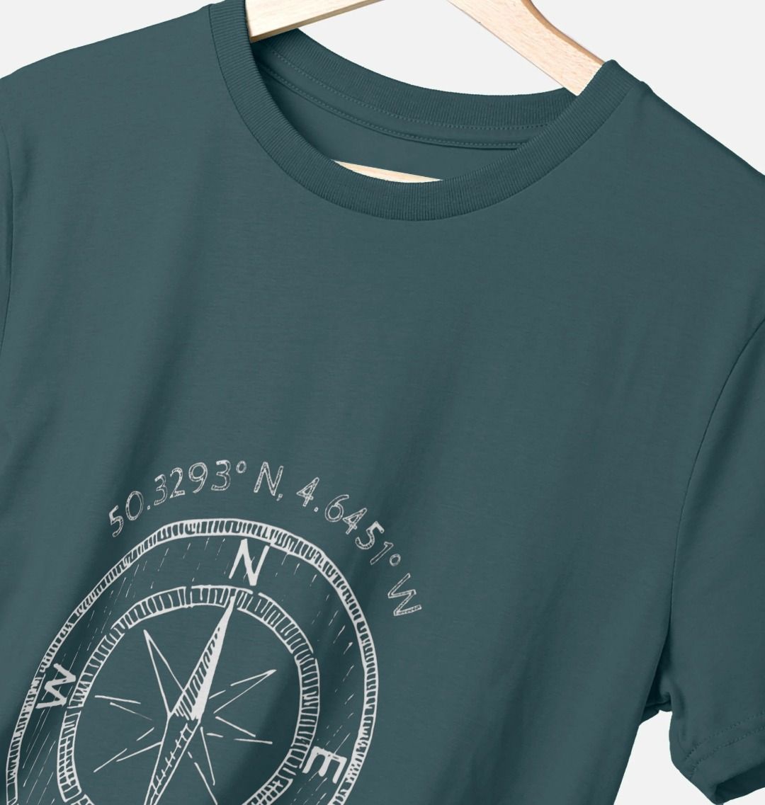 closeup shot of dark grey Readymoney Cove t-shirt—compass and coordinates print, ideal for coastal style and travel-inspired wardrobes