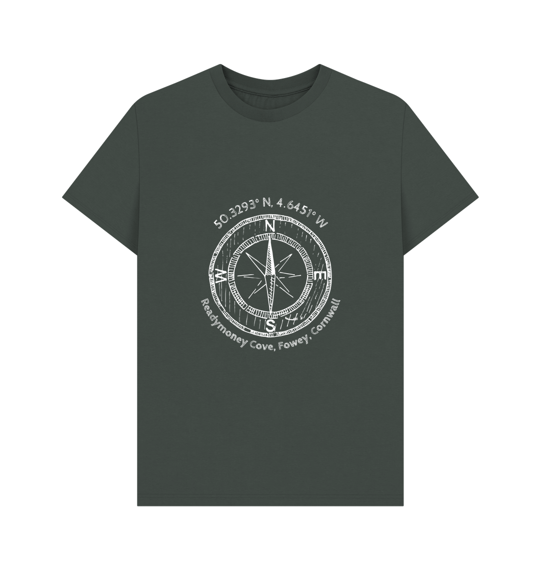 dark grey Readymoney Cove t-shirt—compass and Cornwall coordinates print, perfect for coastal style and travel lovers