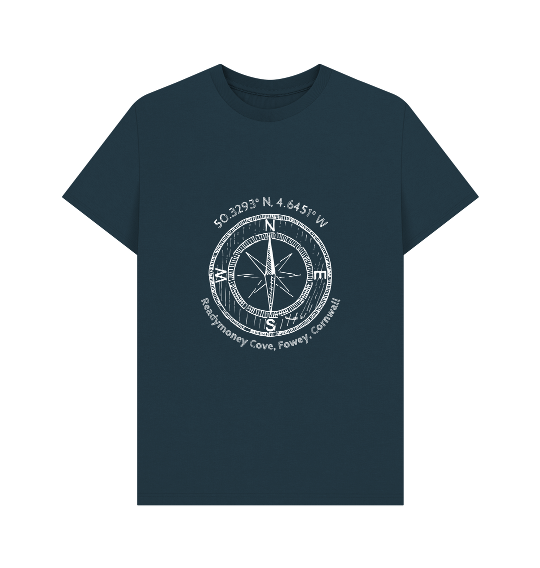 denim blue Readymoney Cove t-shirt—compass and coordinates print, perfect for beach lovers and coastal explorers