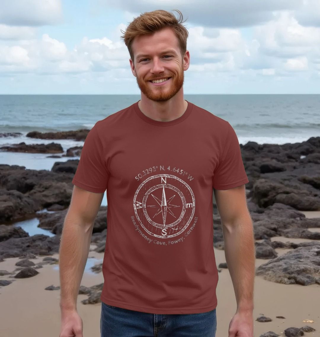 red wine Readymoney Cove tee—stylish compass and coordinates print for cornwall lovers and coastal adventure seekers