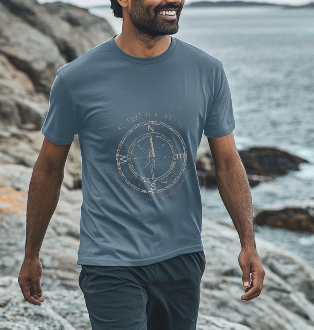 stone blue Readymoney Cove t-shirt—nautical compass and coordinates print, perfect for beach lovers and coastal explorers