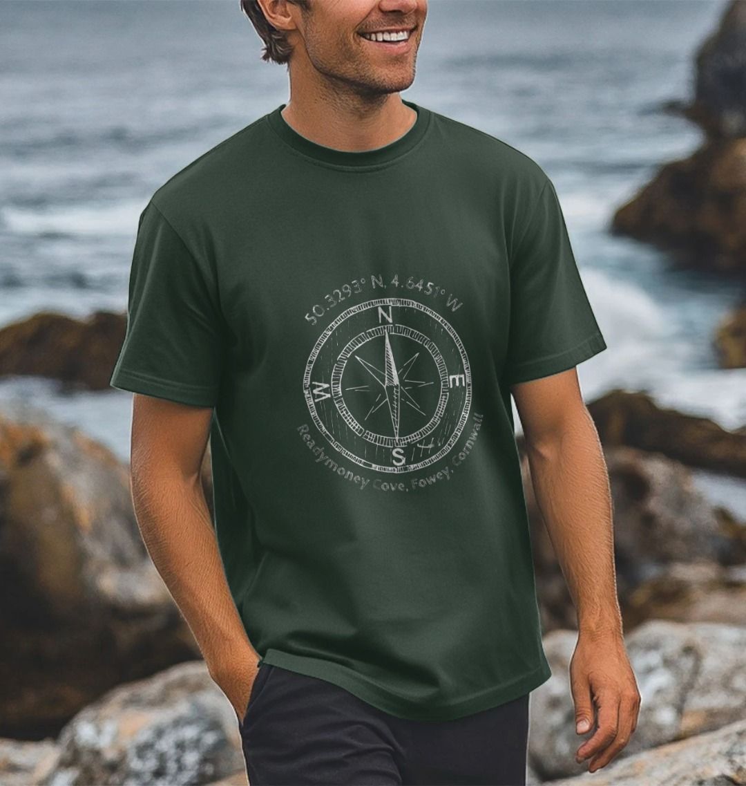 oastal coordinates tee—dark grey with compass design and Readymoney Cove print, perfect for seaside style and travel lovers