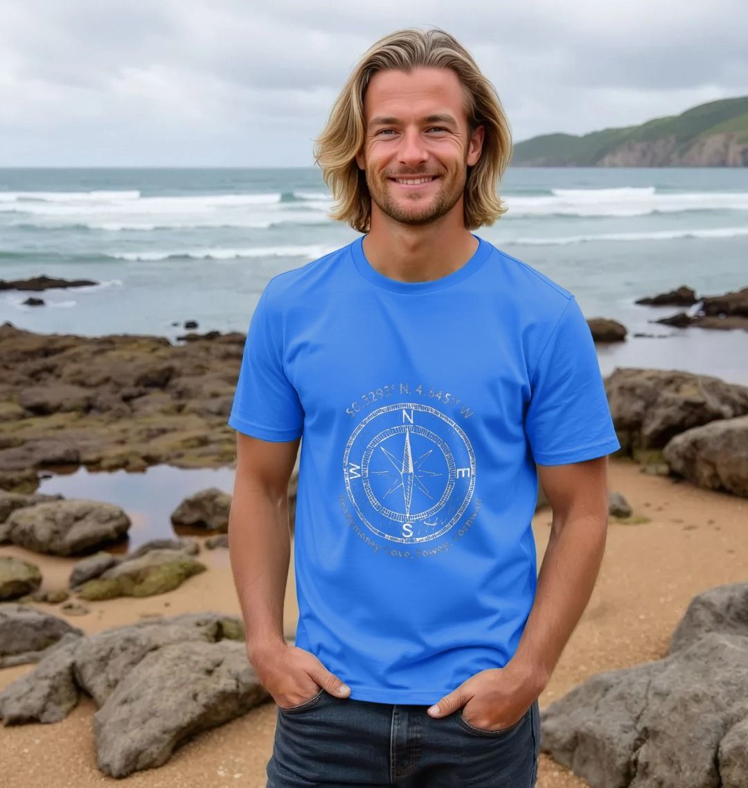 bright blue Readymoney Cove t-shirt—compass and coordinates print with adventure quote, ideal for coastal explorers