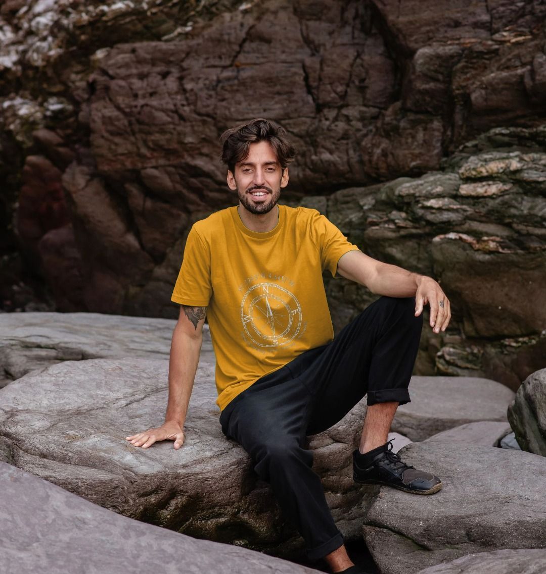 mustard yellow Readymoney Cove t-shirt—compass and wander quote design, perfect for coastal hikes and outdoor explorers