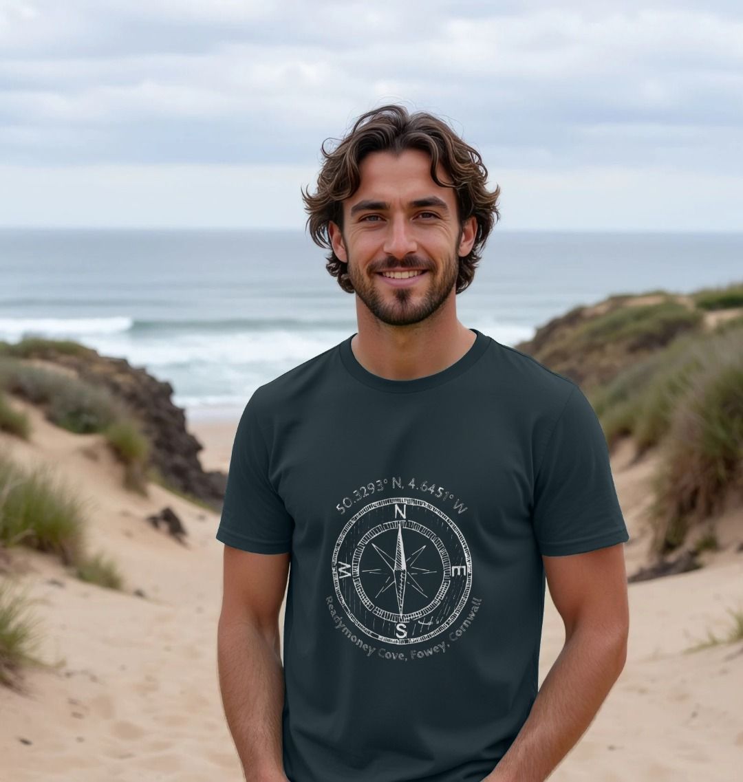 Readymoney Cove coordinates t-shirt—compass design with location print, perfect for coastal explorers and beach lovers