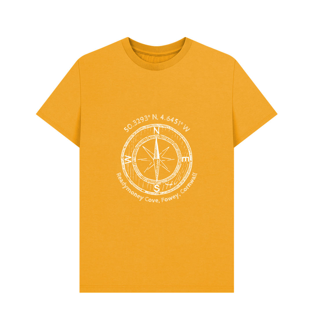 mustard T-shirt with white compass graphic and 'Readymoney Cove, Fowey, Cornwall' coordinates. Nautical, travel, unisex tee