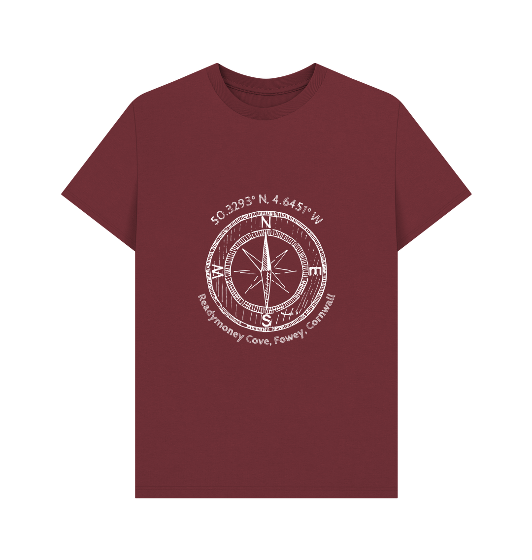 red wine Readymoney Cove t-shirt—compass and Cornwall coordinates print, ideal for coastal style and travel lovers