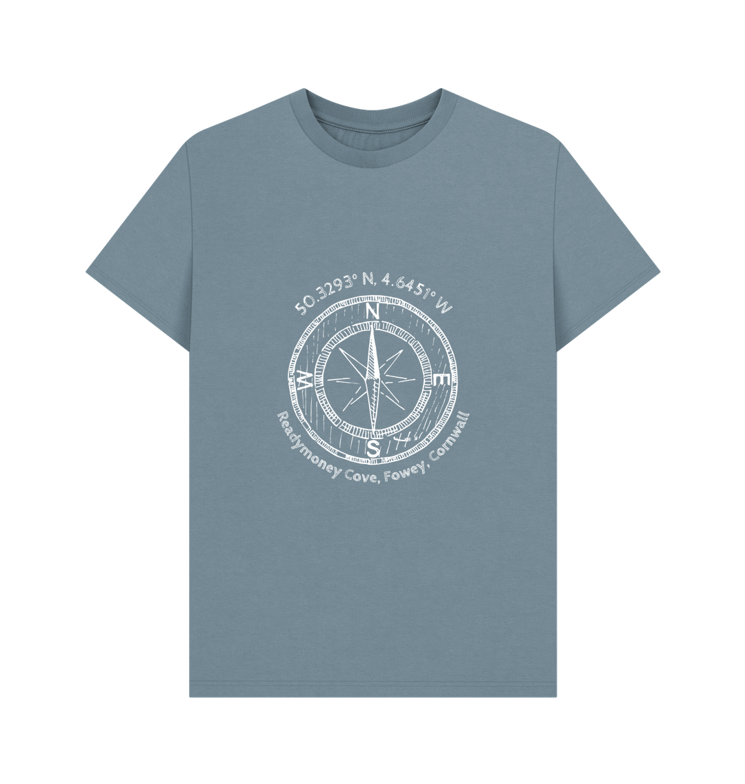 stone blue Readymoney Cove t-shirt—compass and coordinates print, perfect for beach lovers and coastal explorers