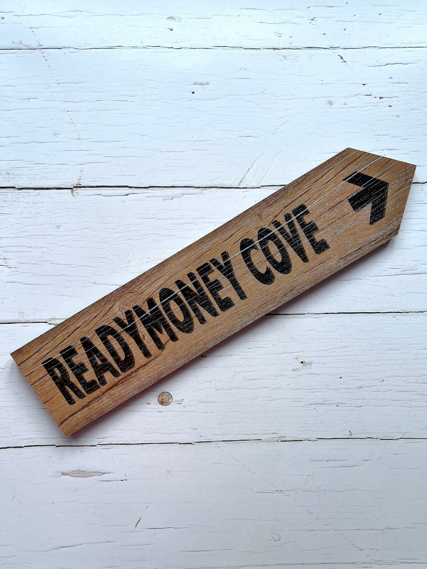 natural wooden 'Readymoney Cove' single direction arrow sign coastal beach decor, vintage effect, wooden wall art, nautical theme
