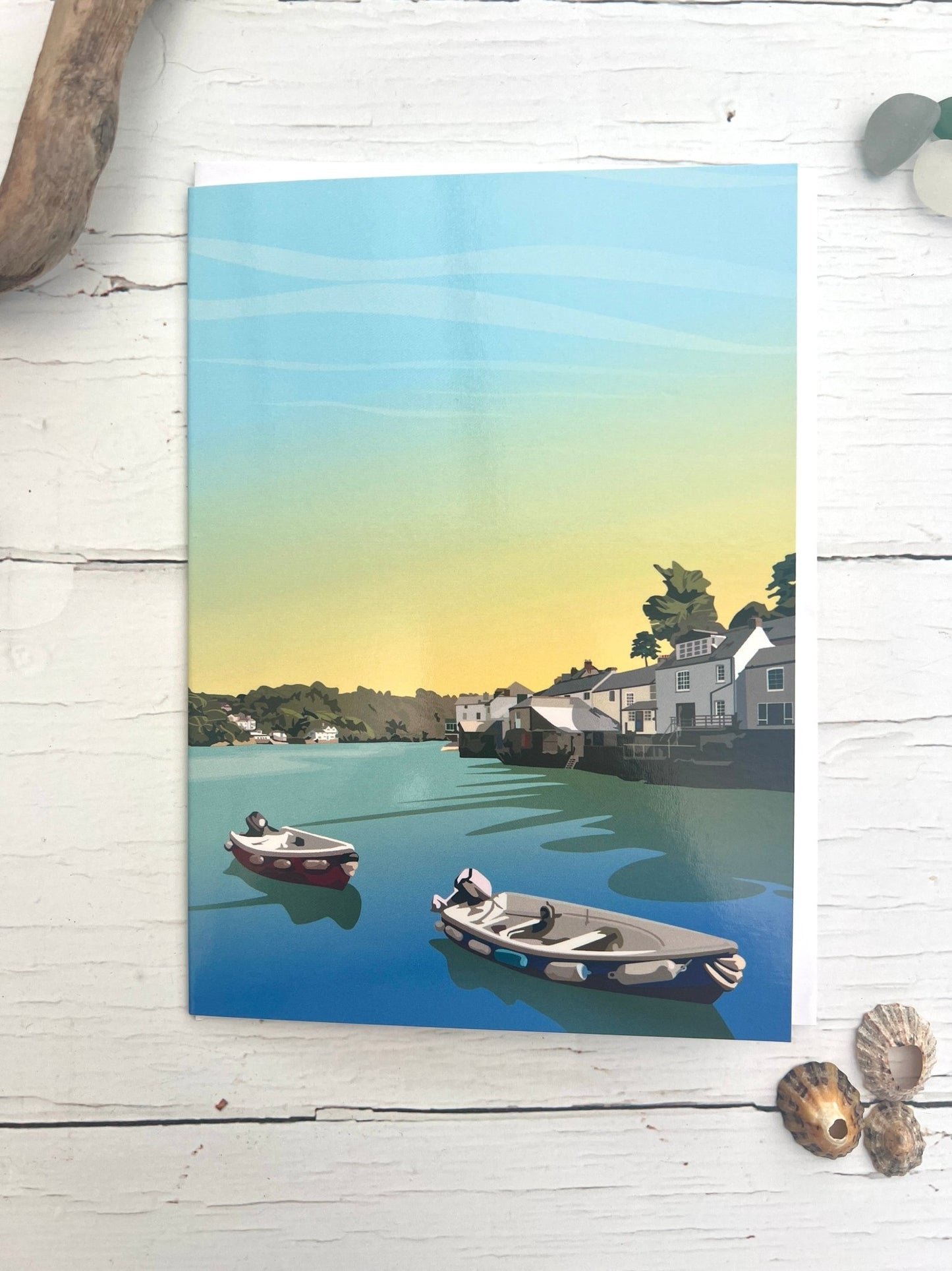 Bodinnick coastal village art postcard—tranquil harbor scene with boats, reflections, and seaside charm for gifting