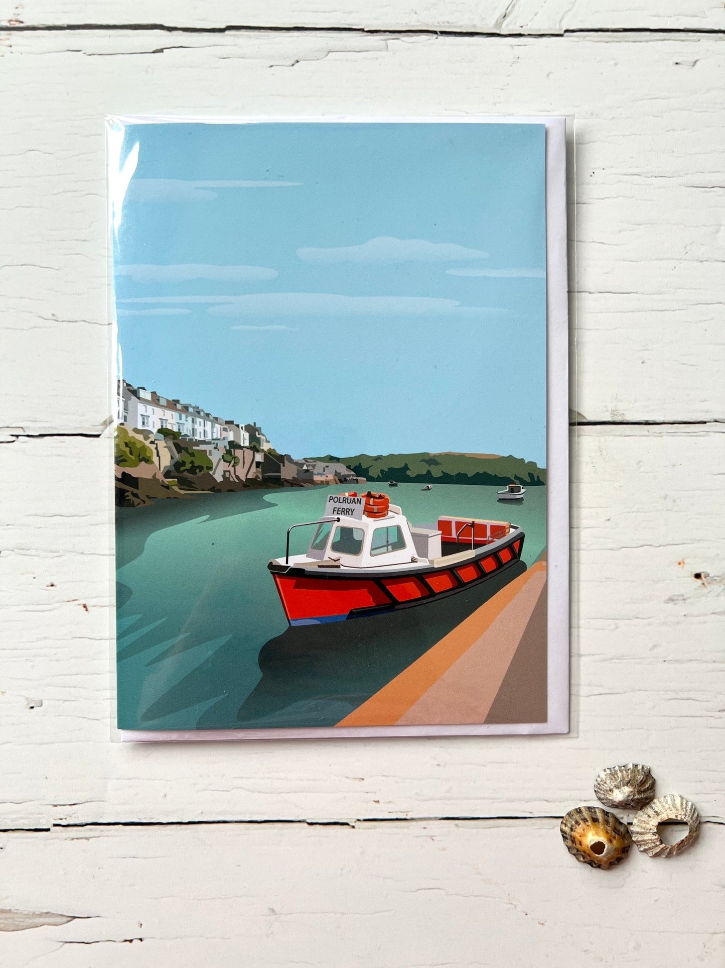 Fowey harbor art postcard with Polruan Ferry—vibrant coastal illustration perfect for travel lovers and seaside gifting