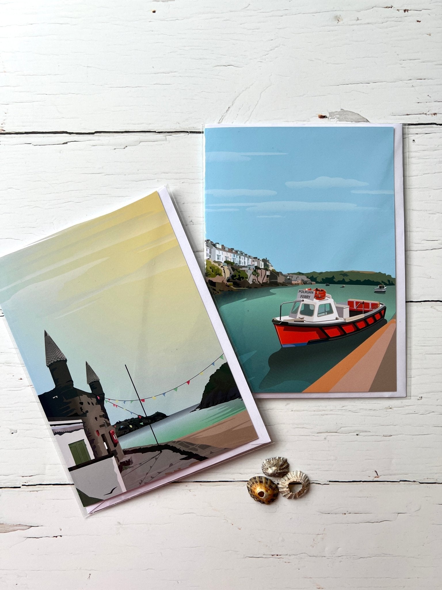 coastal-themed digital art postcards—Fowey harbor and Readymoney Cove scenes, perfect for travel lovers and seaside gifting