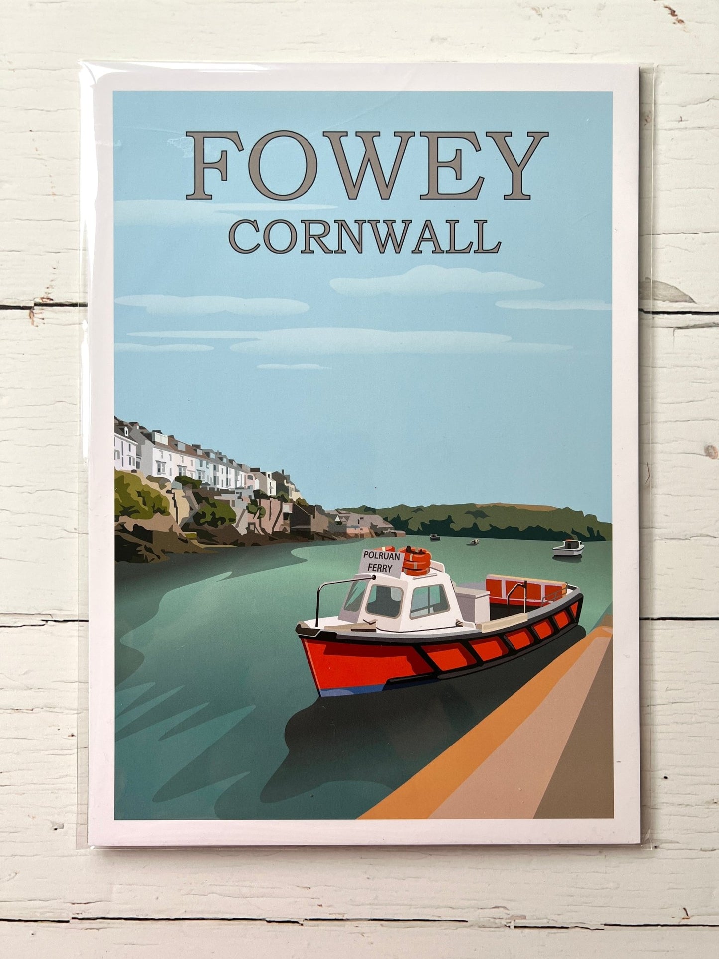 Fowey Cornwall art print—vibrant harbor scene with Polruan Ferry, perfect for coastal decor and travel keepsakes