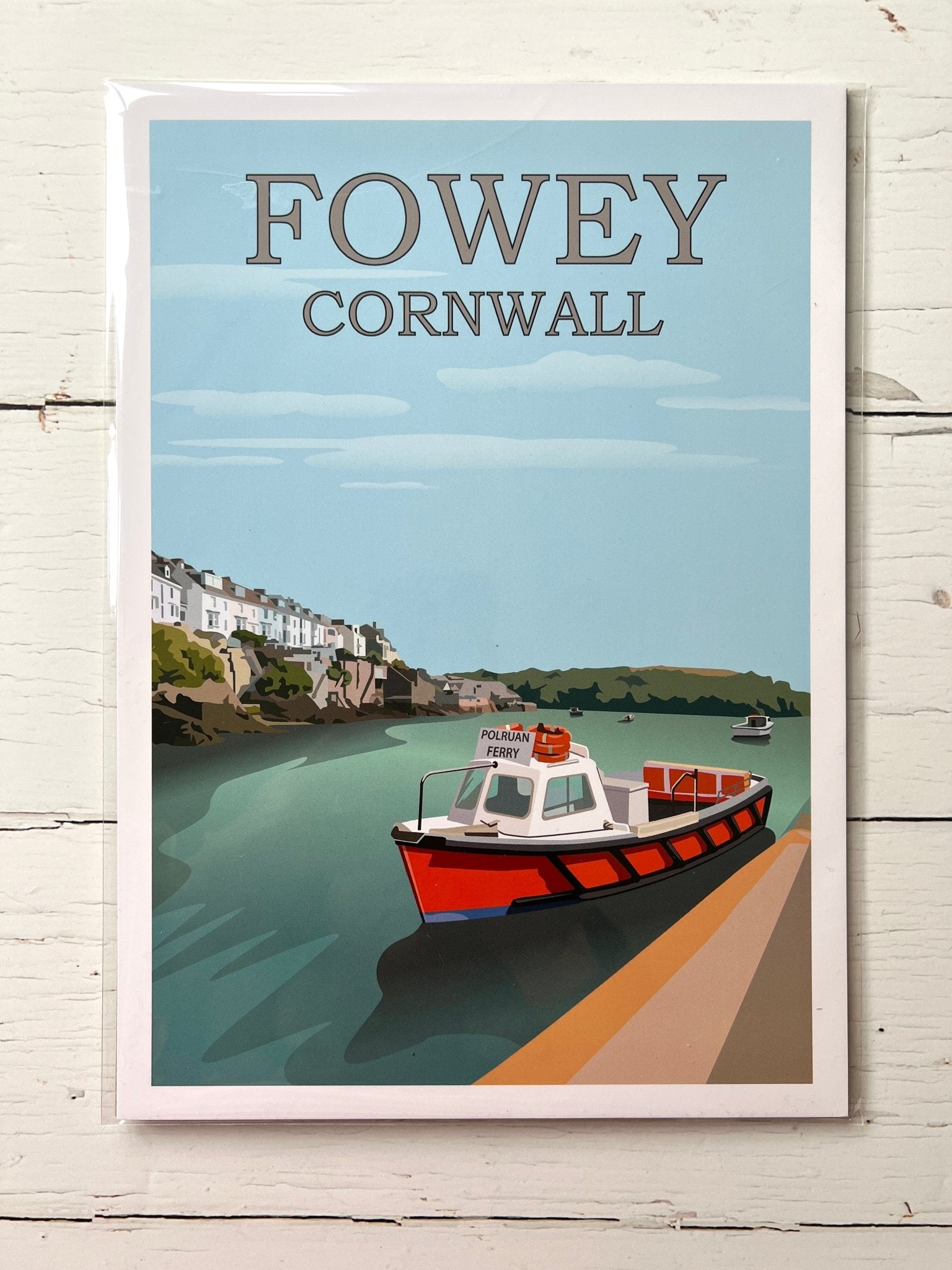 Fowey Cornwall art print—vibrant harbor scene with Polruan Ferry, perfect for coastal decor and travel keepsakes