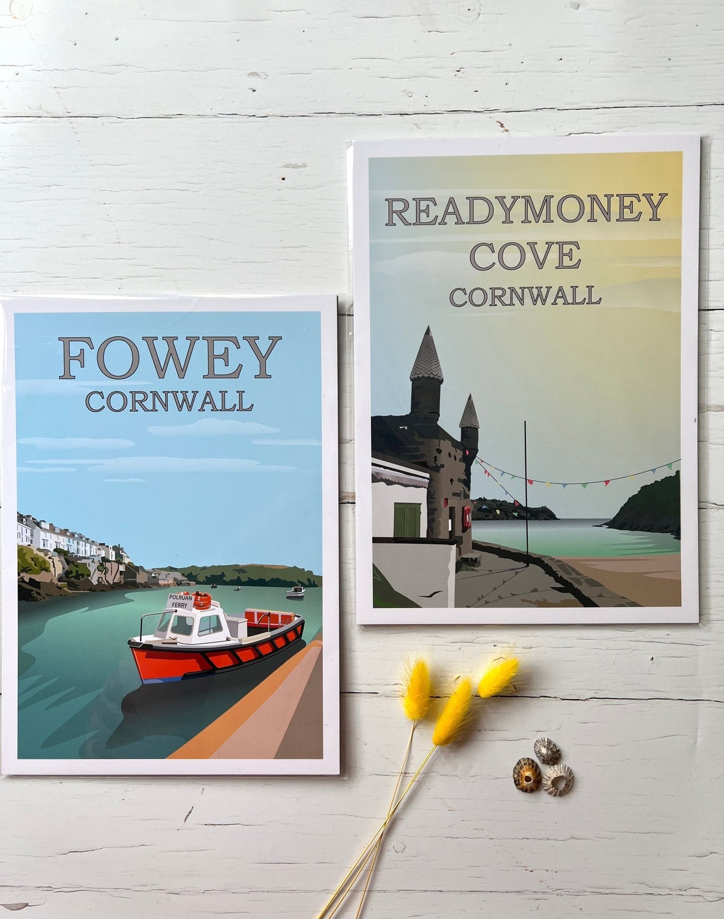 Cornwall coastal art prints—Fowey harbor and Readymoney Cove scenes, perfect for seaside decor and travel lovers.
