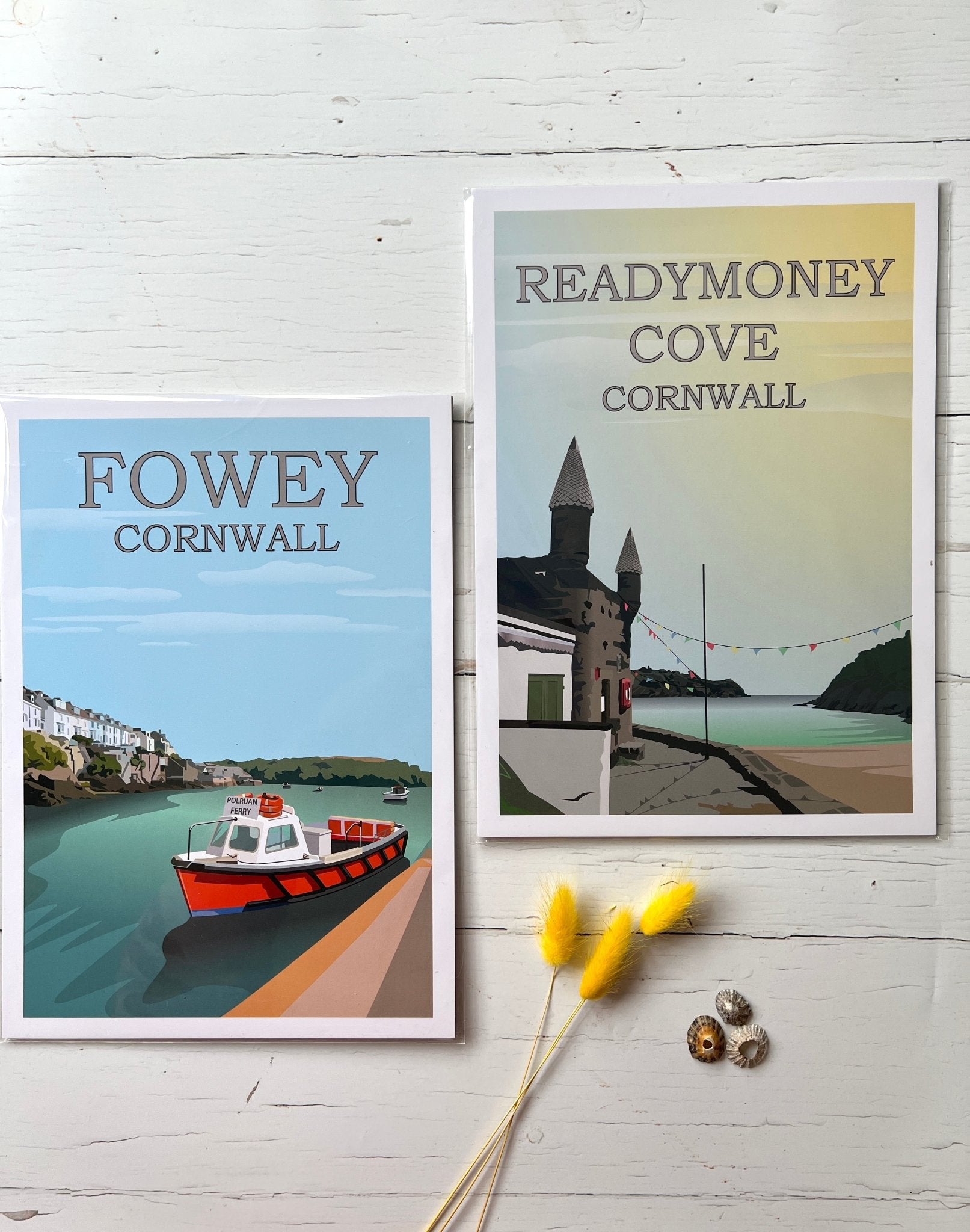 Cornwall coastal art prints—Fowey harbor and Readymoney Cove scenes, perfect for seaside decor and travel lovers.