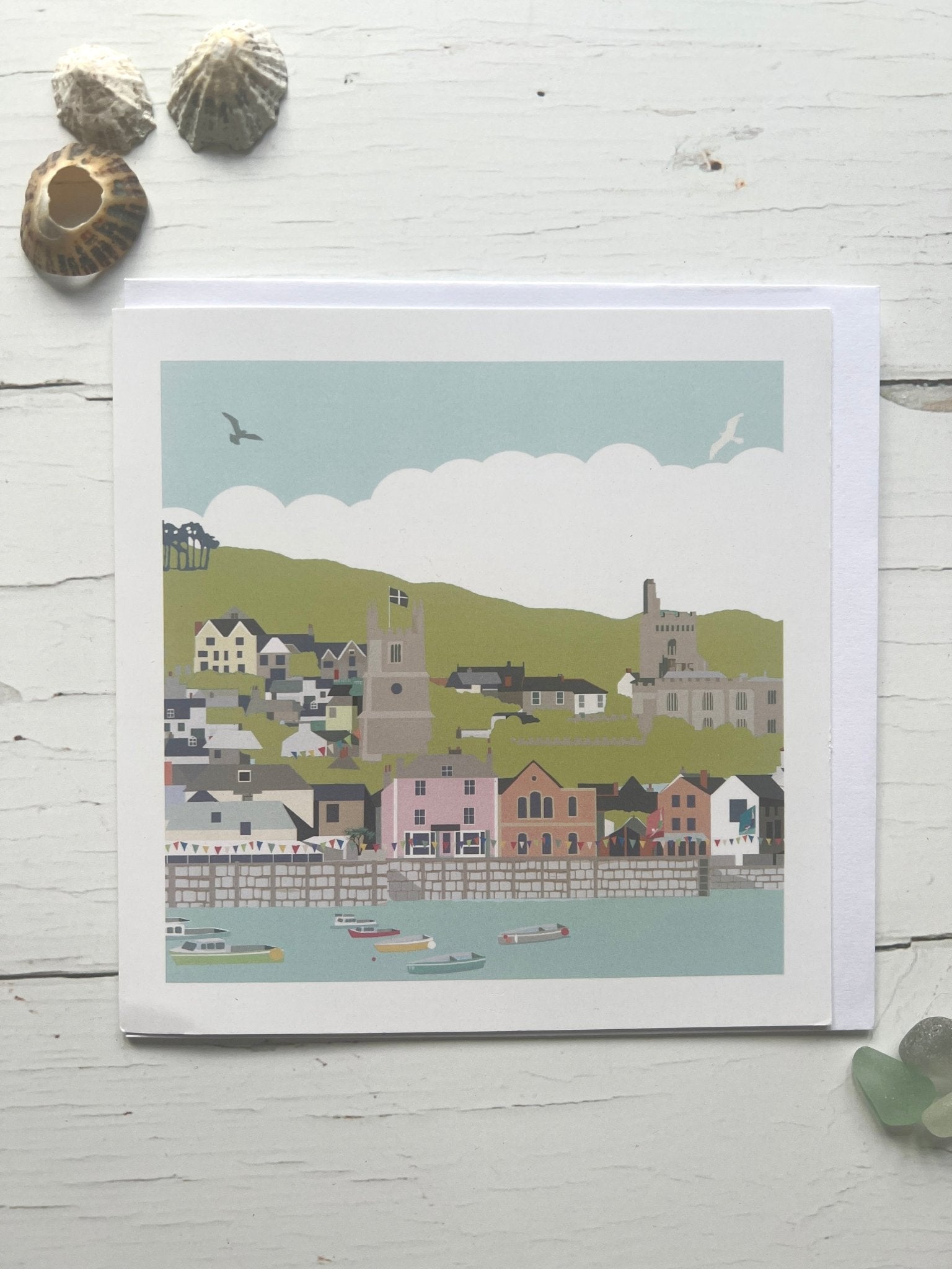 Fowey harbor greetings card—colorful coastal town illustration with boats, bunting, and seaside charm for gifting