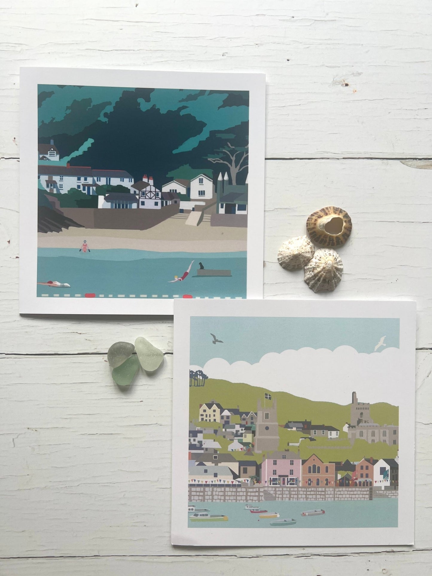 illustrated coastal greetings cards—Fowey harbor and beach scenes, perfect for seaside gifting and travel lovers