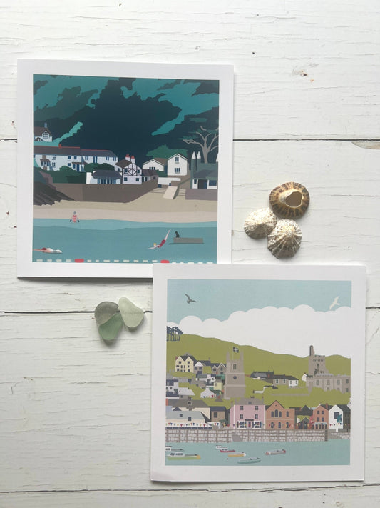 illustrated coastal greetings cards—Fowey harbor and beach scenes, perfect for seaside gifting and travel lovers