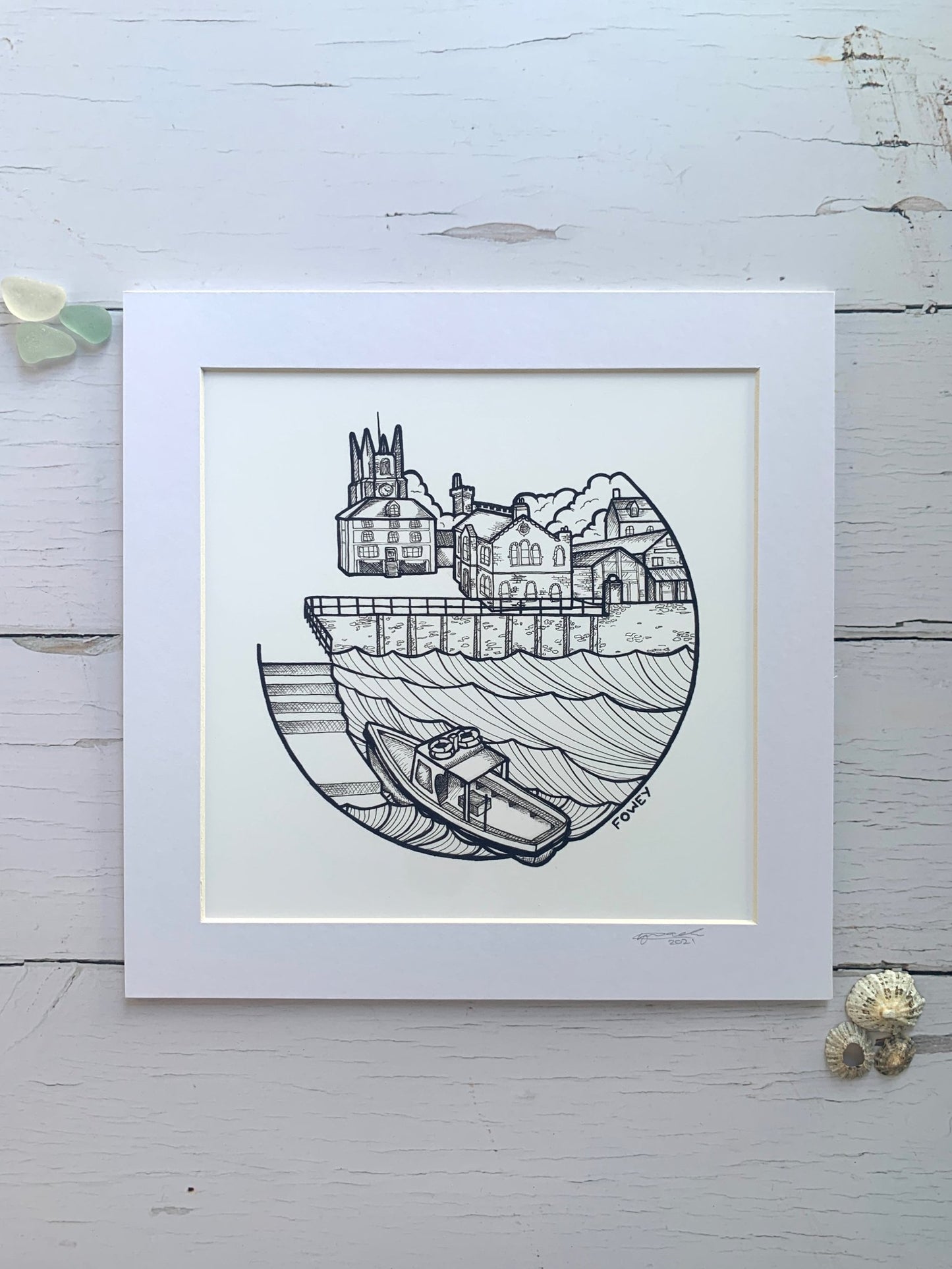 Fowey Town Quay tea towel—circular coastal line art with boat, pier, and church spire, perfect for nautical home decor