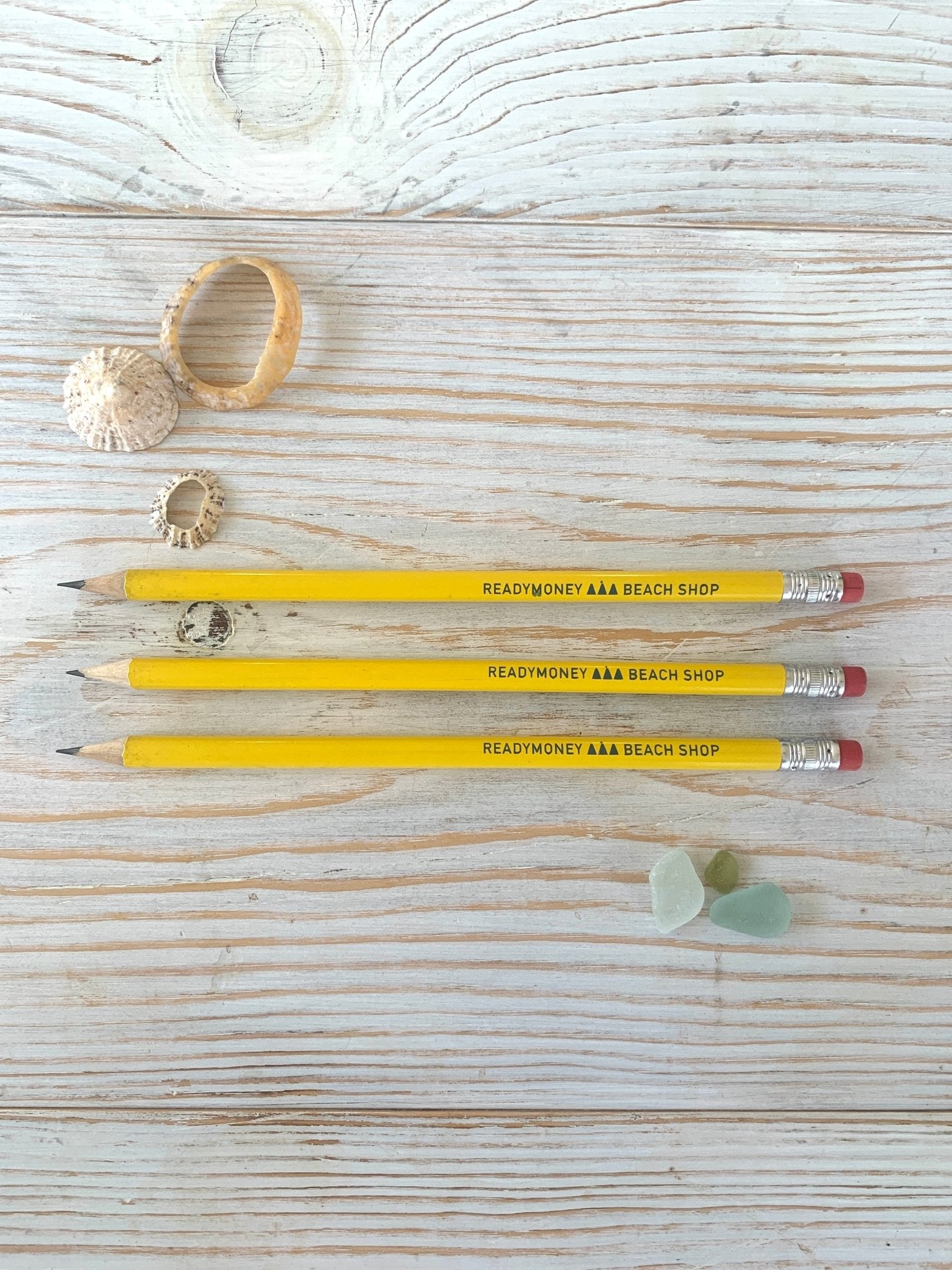set of three yellow 'Readymoney Beach Shop' pencils souvenir stationery, back-to-school, nautical desk accessory, Cornwall gift