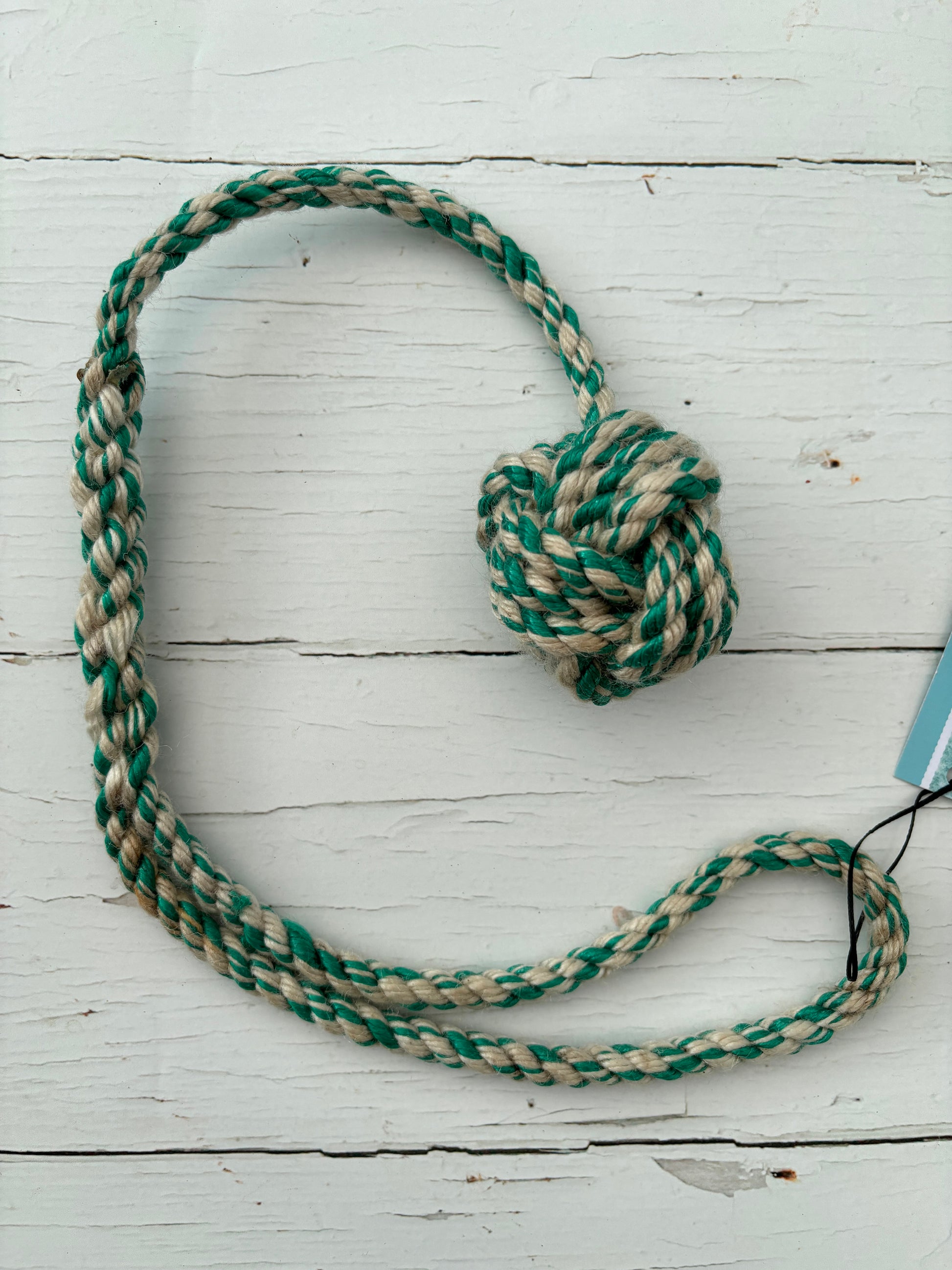 eco-friendly tug-of-war dog toy, made from upcycled green/natural fishing rope durable, sustainable pet play, nautical dog knot toy