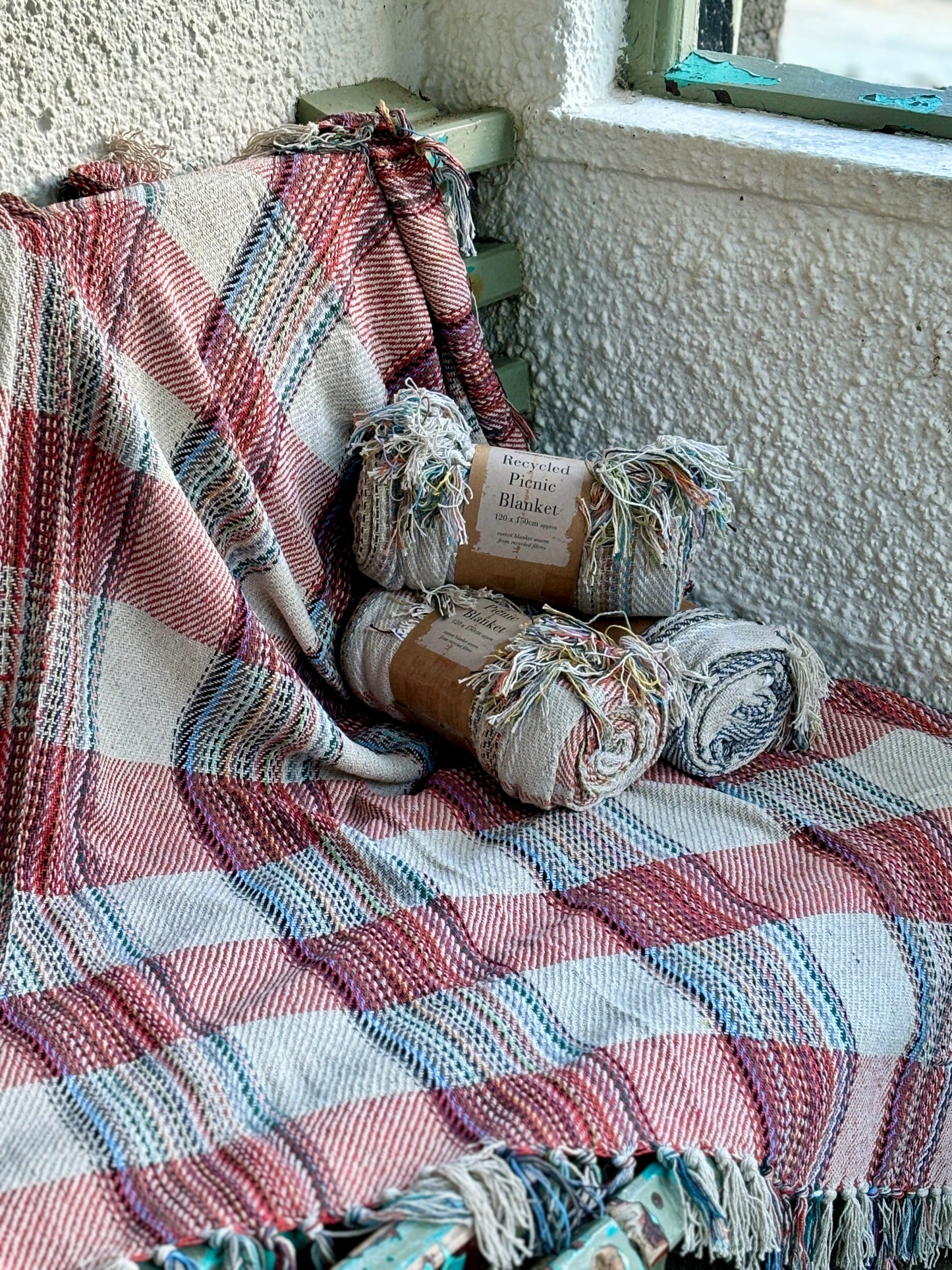 recycled cotton picnic blanket/throw in red, white, and blue plaid sustainable, eco-friendly, cozy coastal home decor, large rug