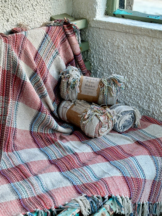 recycled cotton picnic blanket/throw in red, white, and blue plaid sustainable, eco-friendly, cozy coastal home decor, large rug