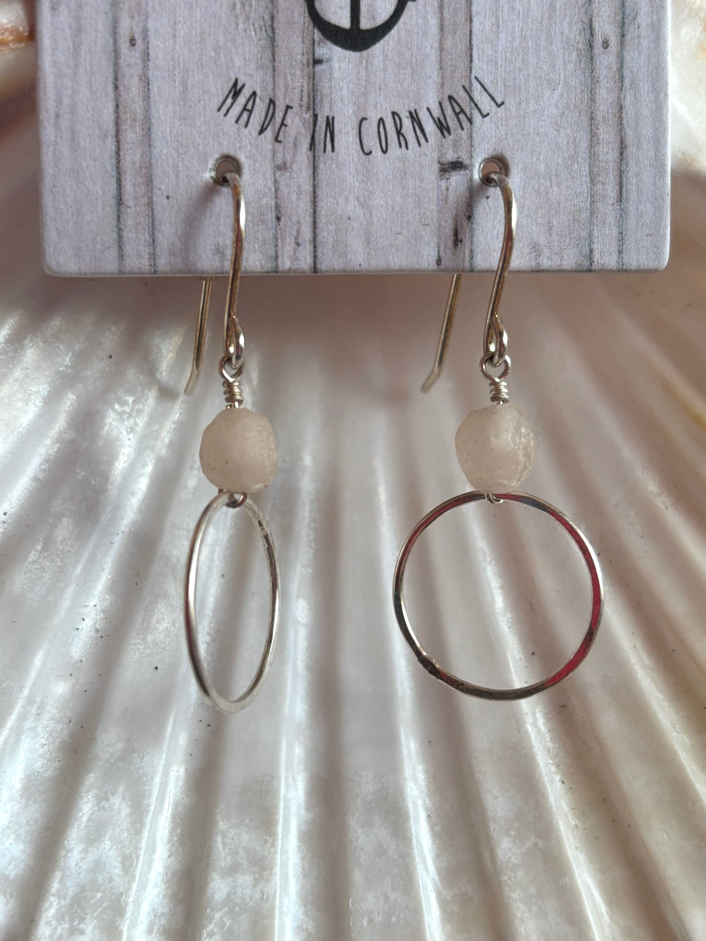 handmade ethical earrings recycled pale glass beads on dainty sterling silver oval hoops coastal, sustainable jewelry, beach look