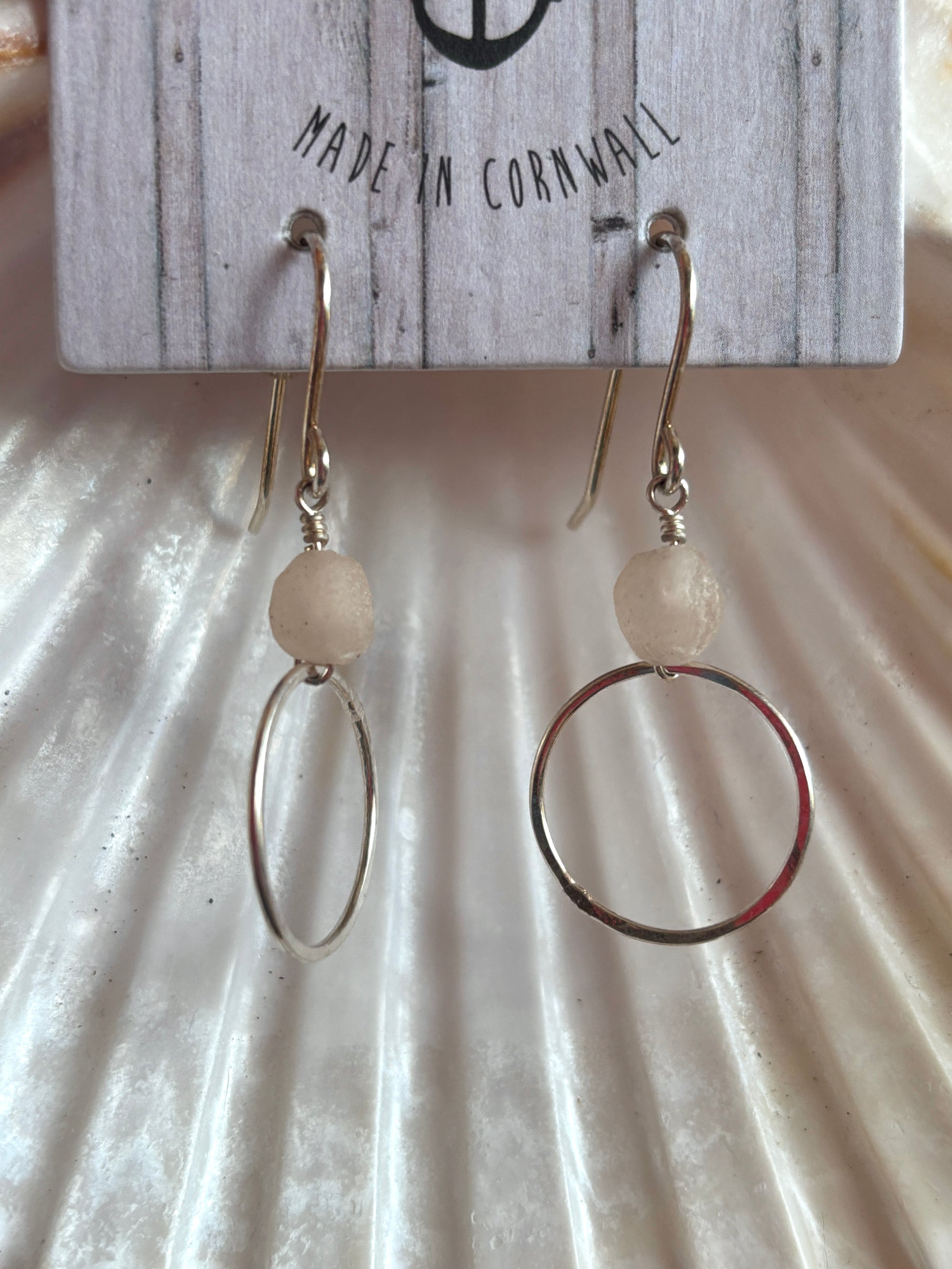 handmade ethical earrings recycled pale glass beads on dainty sterling silver oval hoops coastal, sustainable jewelry, beach look