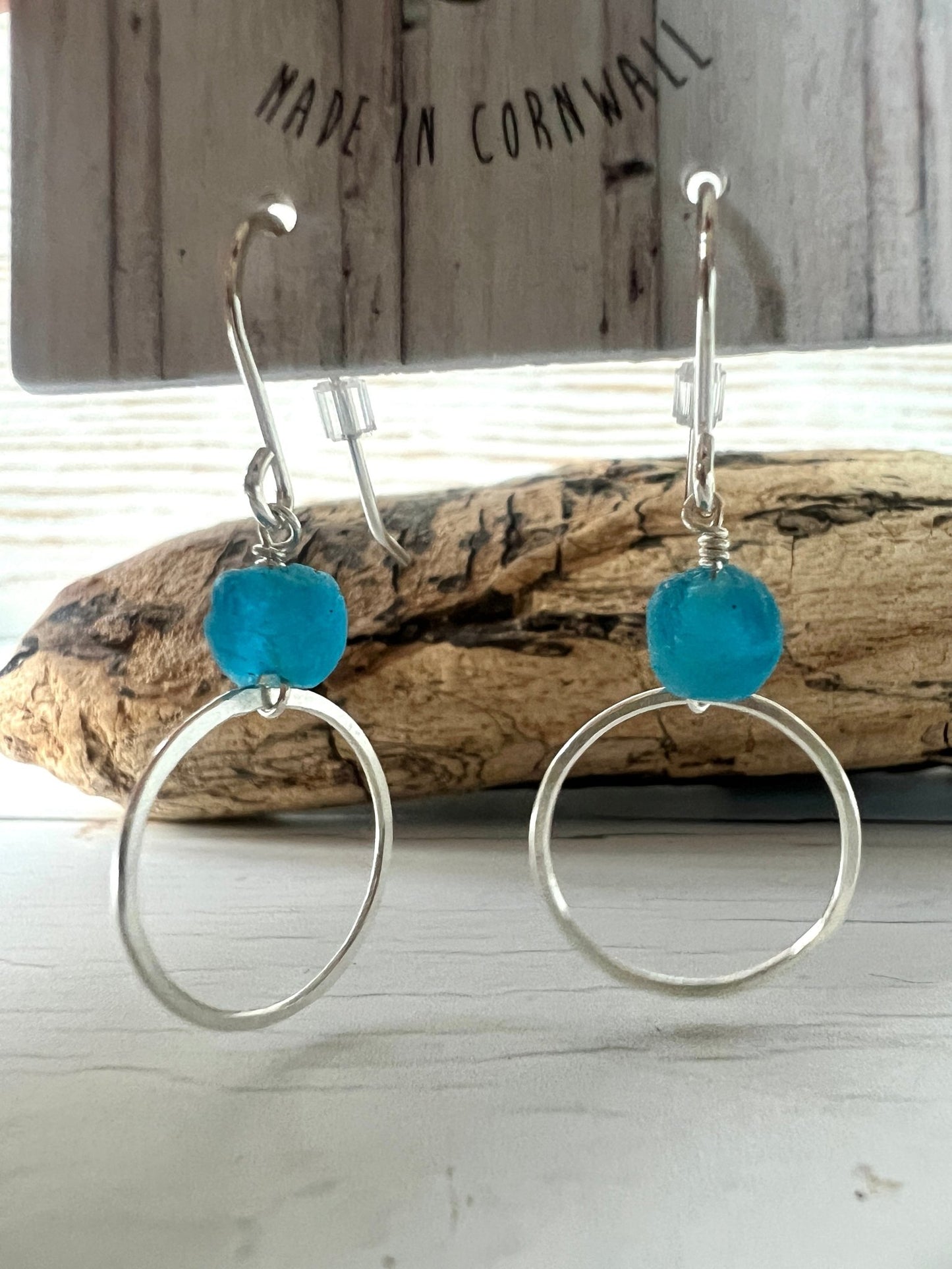 sterling silver hoop earrings with bright blue recycled glass beads handmade coastal jewelry, ethical, Cornwall souvenir gift