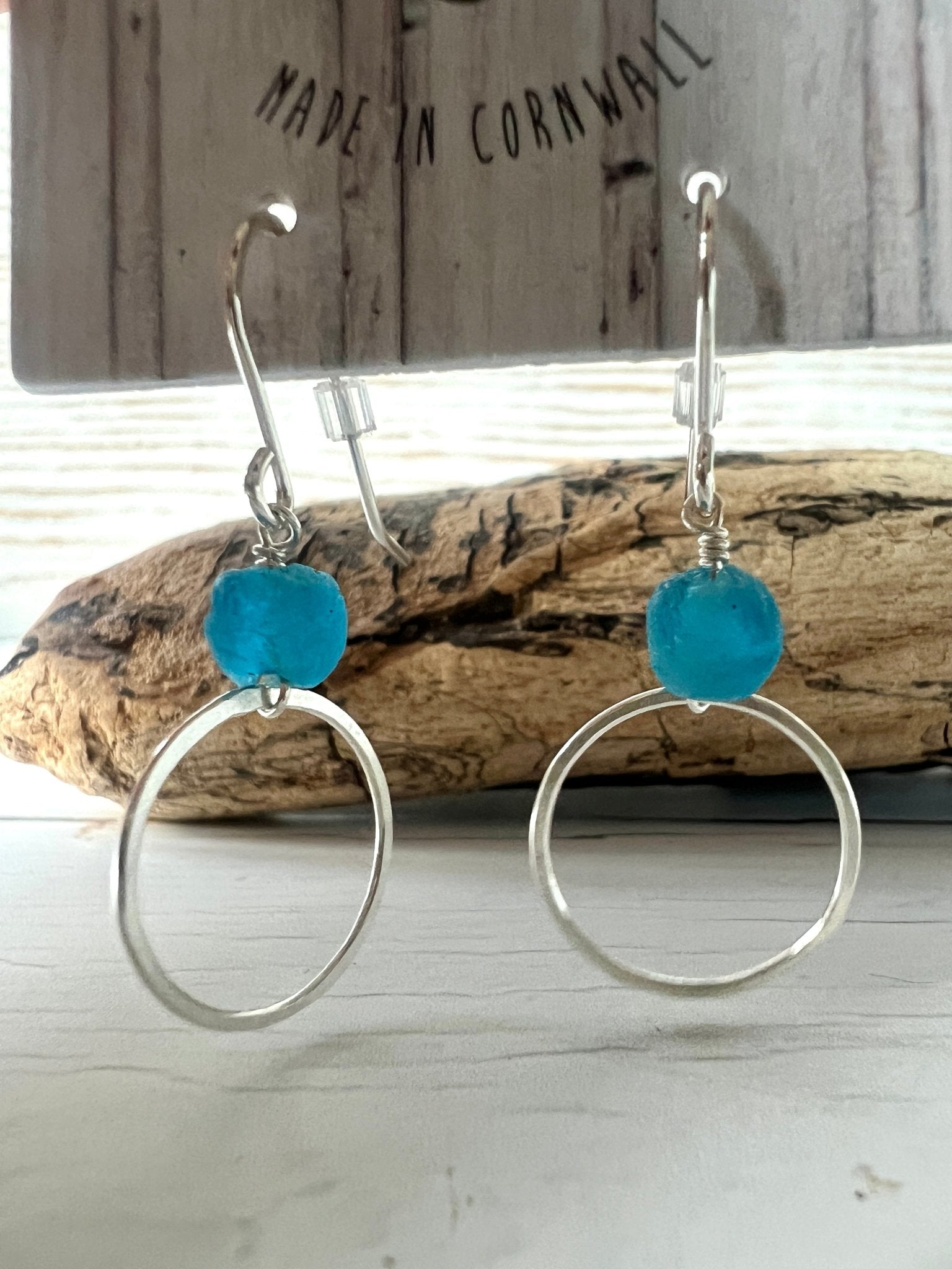 sterling silver hoop earrings with bright blue recycled glass beads handmade coastal jewelry, ethical, Cornwall souvenir gift