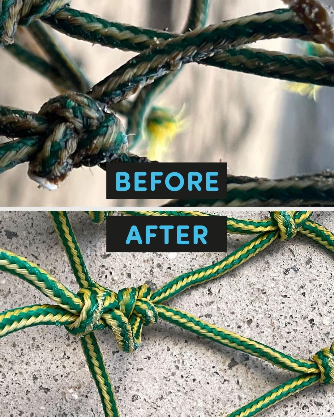 Before/After lost ghost fishing nets transformed into bright, sustainable, braided, recycled plastic cord jewelry/bracelet